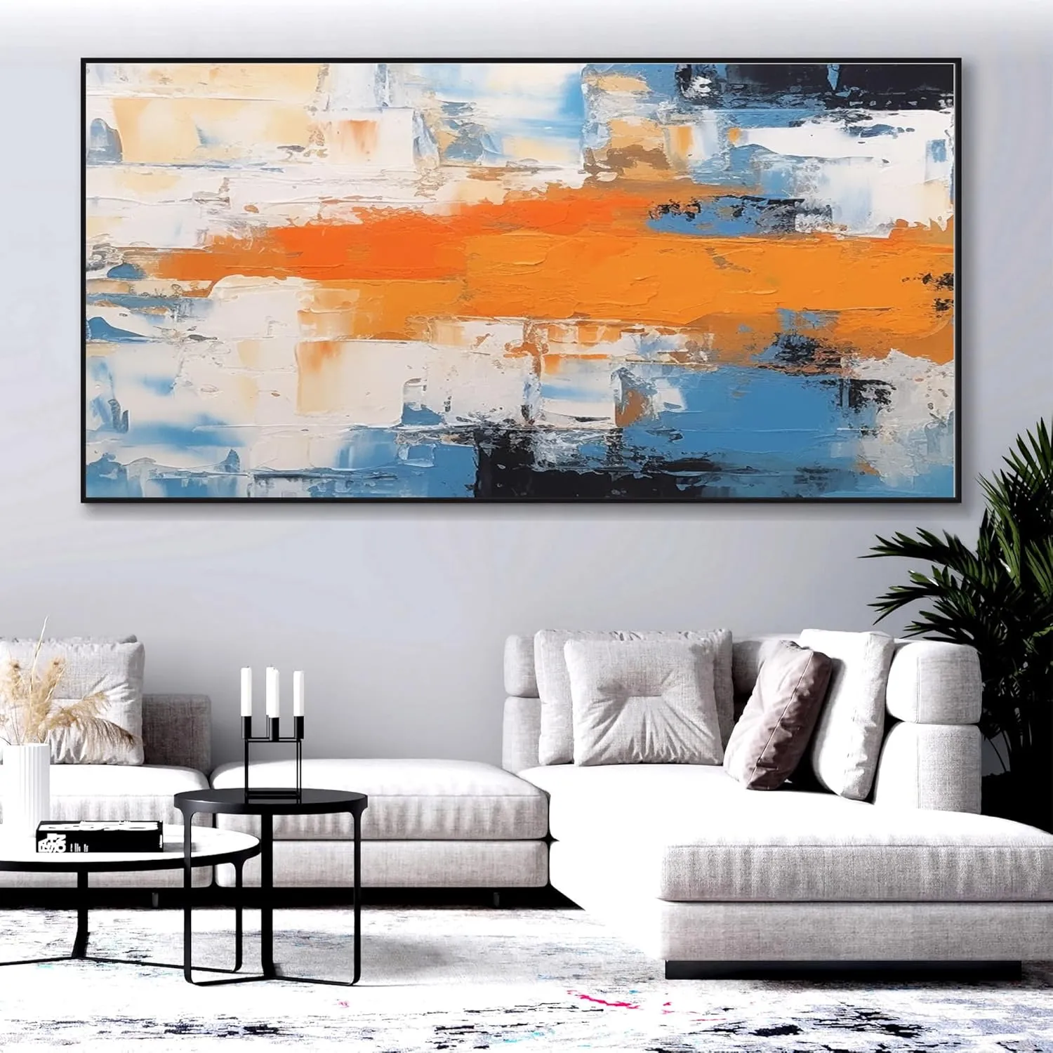 Yahedoba Blue and white wabi-sabi style hand-painted acrylic oil painting,(81 * 162cm) 32 * 64 Inches,Unstretched,Frameless