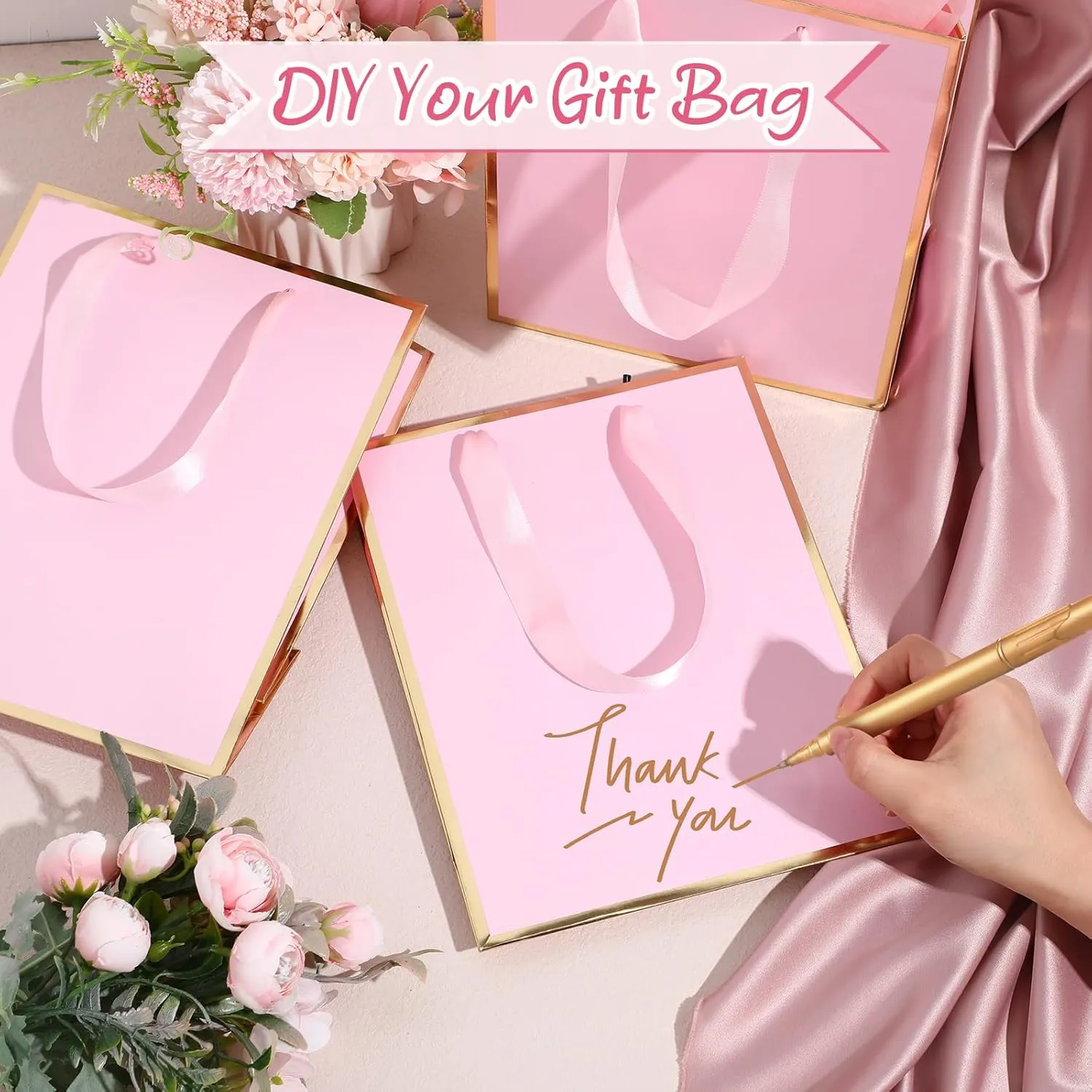 Yeaqee 10 Pack Metallic Paper Gift Bags with Handles Tissue Paper Thank You 5 Senses Gift Bags for Him Her Graduation Baby Shower Wedding Bridal Shower Groomsmen Favor 9 x 7 x 3.15''(Pink, Gold)