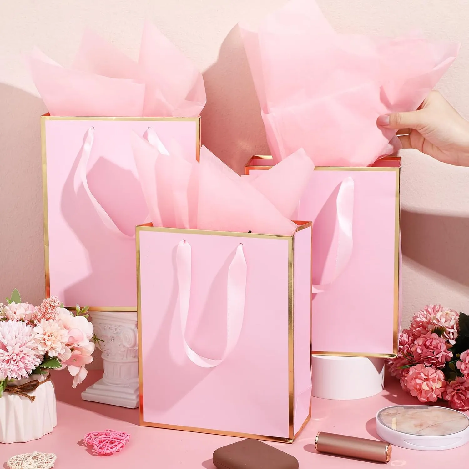 Yeaqee 10 Pack Metallic Paper Gift Bags with Handles Tissue Paper Thank You 5 Senses Gift Bags for Him Her Graduation Baby Shower Wedding Bridal Shower Groomsmen Favor 9 x 7 x 3.15''(Pink, Gold)