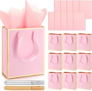 Yeaqee 10 Pack Metallic Paper Gift Bags with Handles Tissue Paper Thank You 5 Senses Gift Bags for Him Her Graduation Baby Shower Wedding Bridal Shower Groomsmen Favor 9 x 7 x 3.15''(Pink, Gold)
