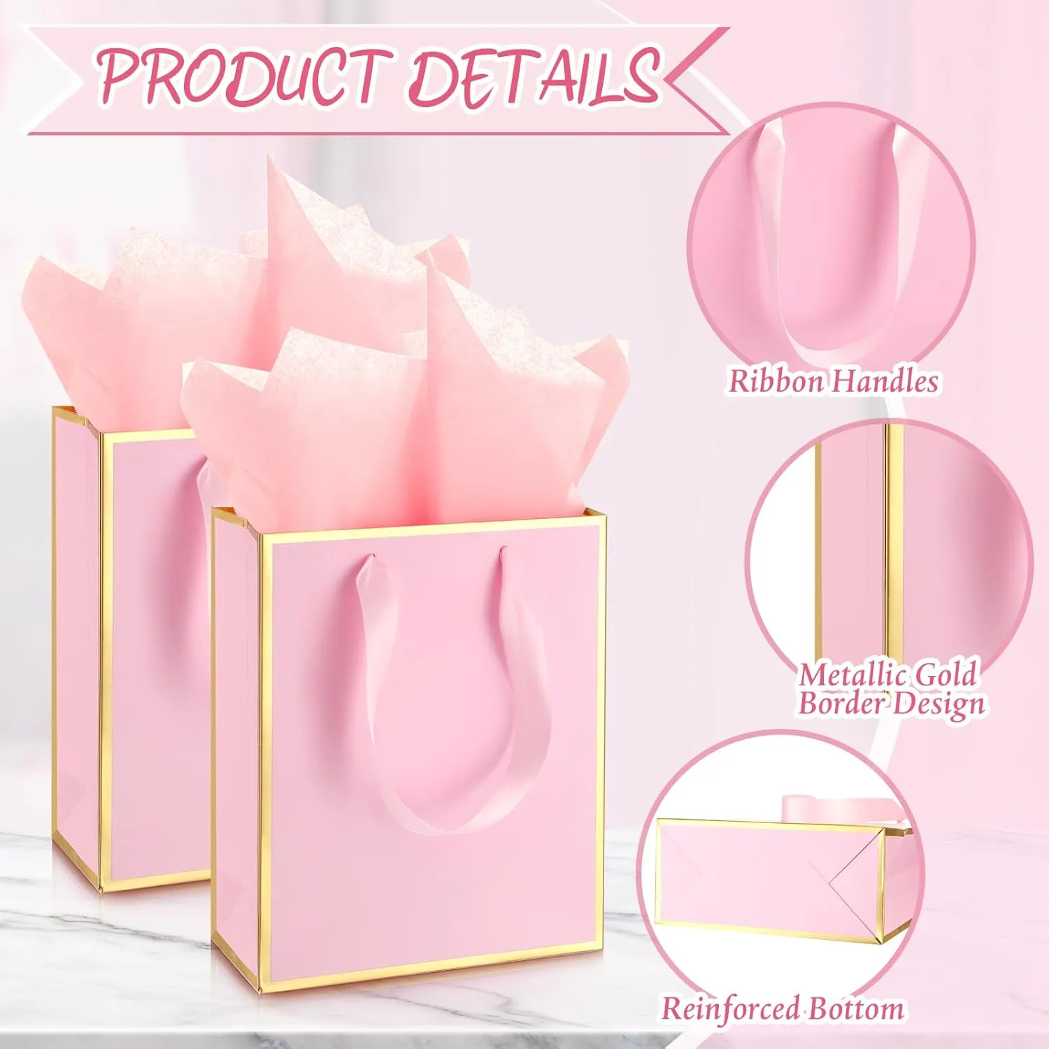 Yeaqee 10 Pack Metallic Paper Gift Bags with Handles Tissue Paper Thank You 5 Senses Gift Bags for Him Her Graduation Baby Shower Wedding Bridal Shower Groomsmen Favor 9 x 7 x 3.15''(Pink, Gold)