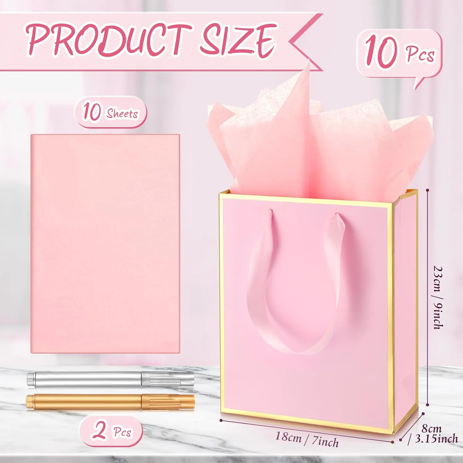 Yeaqee 10 Pack Metallic Paper Gift Bags with Handles Tissue Paper Thank You 5 Senses Gift Bags for Him Her Graduation Baby Shower Wedding Bridal Shower Groomsmen Favor 9 x 7 x 3.15''(Pink, Gold)