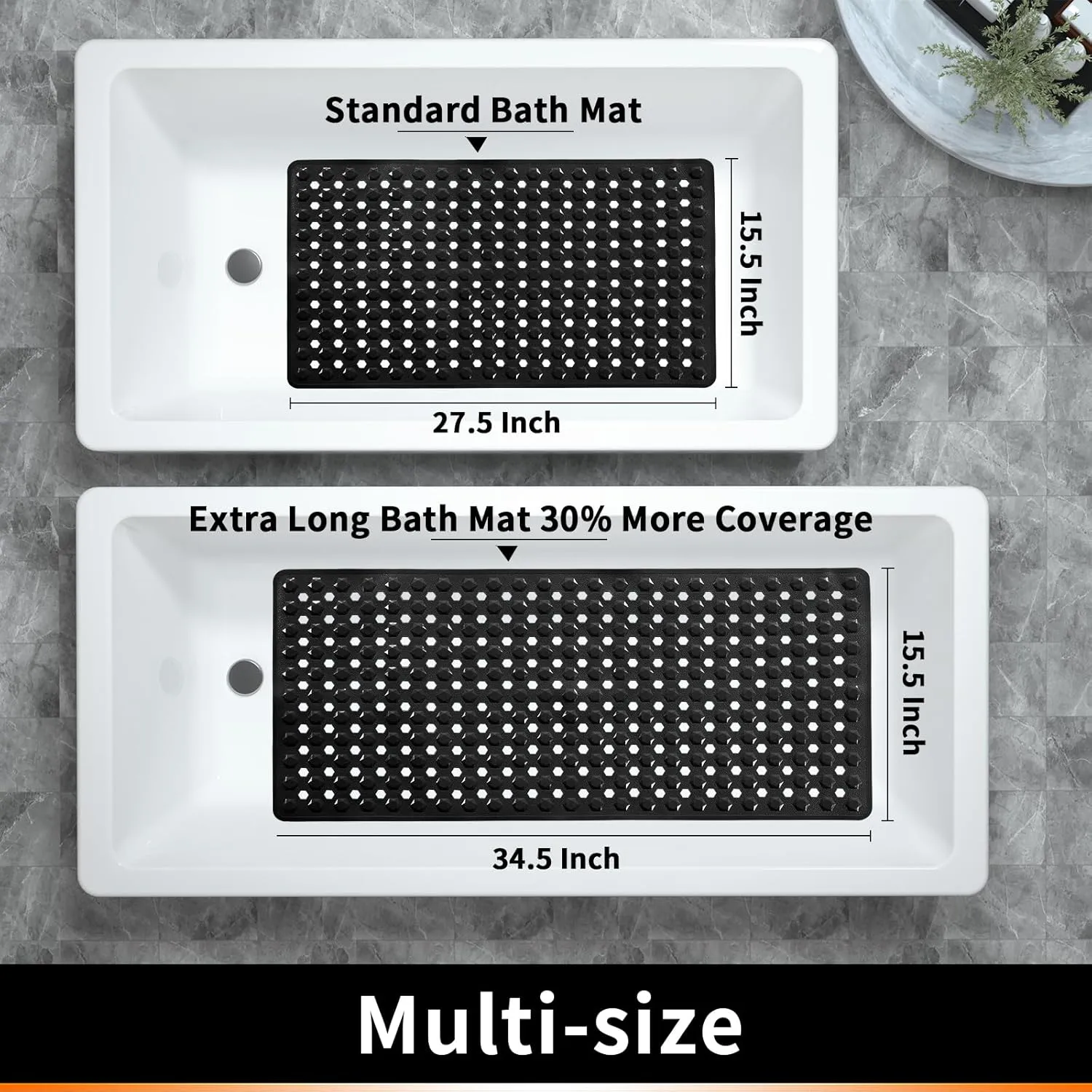 Yimobra Bathtub Shower Mat 27.5 x 15.5, Non Slip Bath Mats for Tub Floor with Drain Hole and Suction Cups, Soft on Feet, Machine Washable, Easy Dry, Black
