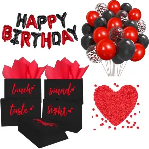 YIXAXKAO 5 Senses Gift Bags Five Senses Birthday Party Decorations with Tissue Paper, Rose Petals and Happy Birthday Banner Balloons Five Senses Gift for Him Husband Boyfriend (Red black)