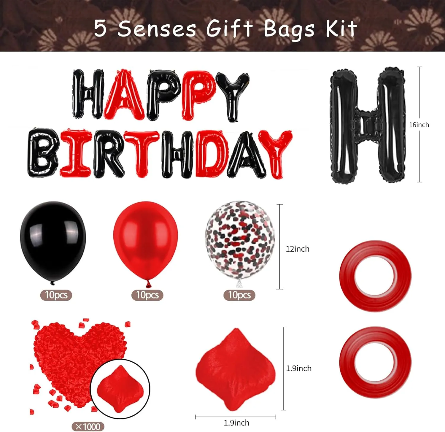 YIXAXKAO 5 Senses Gift Bags Five Senses Birthday Party Decorations with Tissue Paper, Rose Petals and Happy Birthday Banner Balloons Five Senses Gift for Him Husband Boyfriend (Red black)