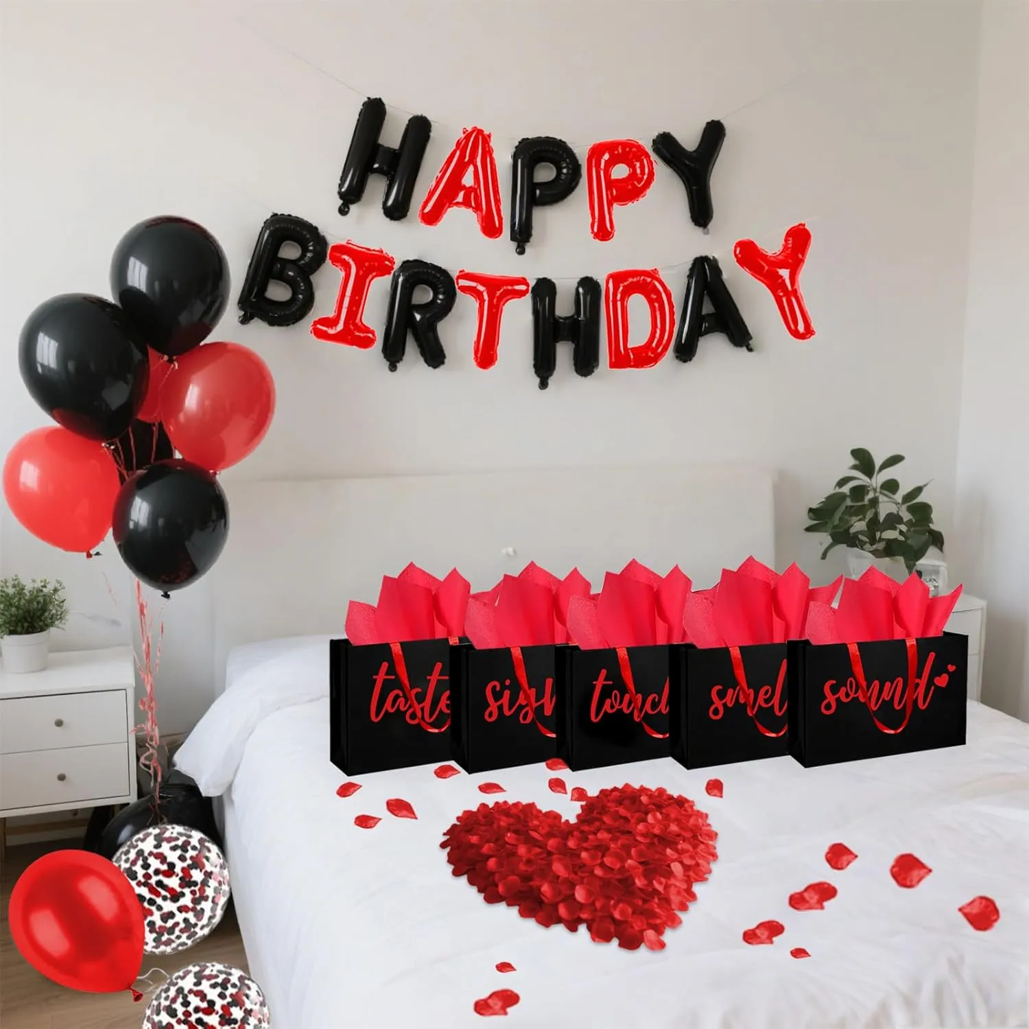 YIXAXKAO 5 Senses Gift Bags Five Senses Birthday Party Decorations with Tissue Paper, Rose Petals and Happy Birthday Banner Balloons Five Senses Gift for Him Husband Boyfriend (Red black)