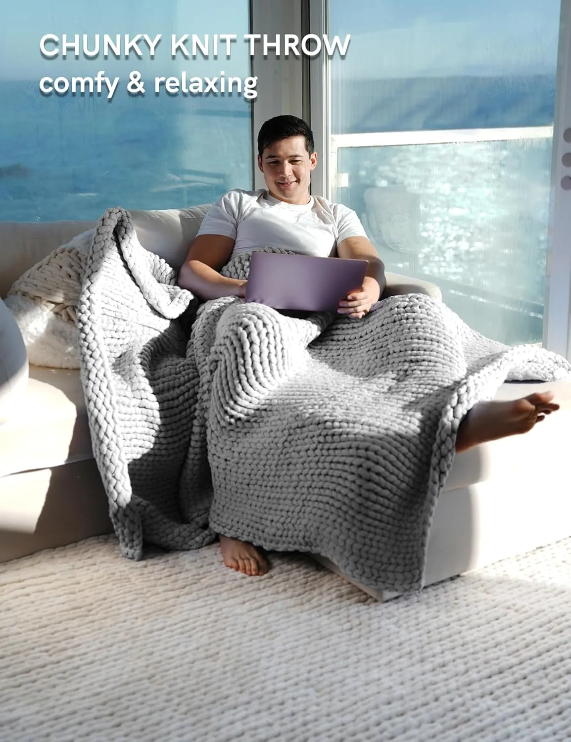YnM Chunky Throw Blanket, Medium-Weight, Hand Knitted, Skin Friendly, Ventilated and Breathable, Machine Washable, Home Décor Piece for Couch, Sofa and Bed (Lunar Grey, 60x80 Inch)