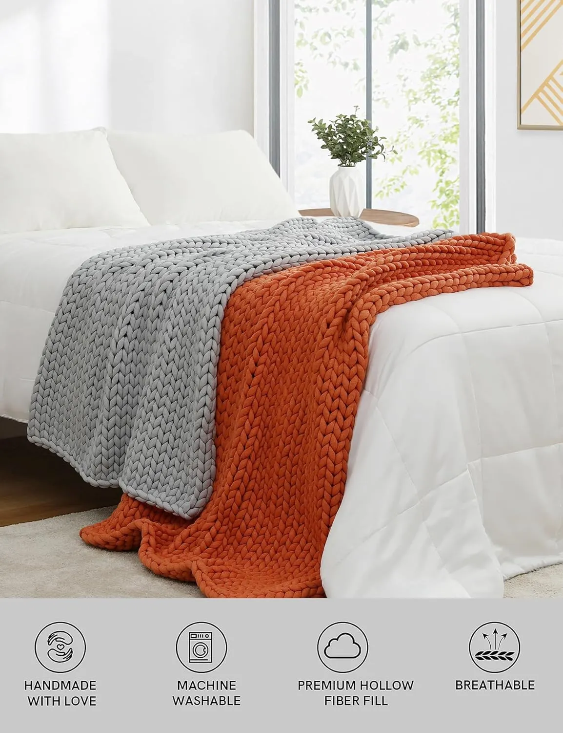 YnM Chunky Throw Blanket, Medium-Weight, Hand Knitted, Skin Friendly, Ventilated and Breathable, Machine Washable, Home Décor Piece for Couch, Sofa and Bed (Lunar Grey, 60x80 Inch)