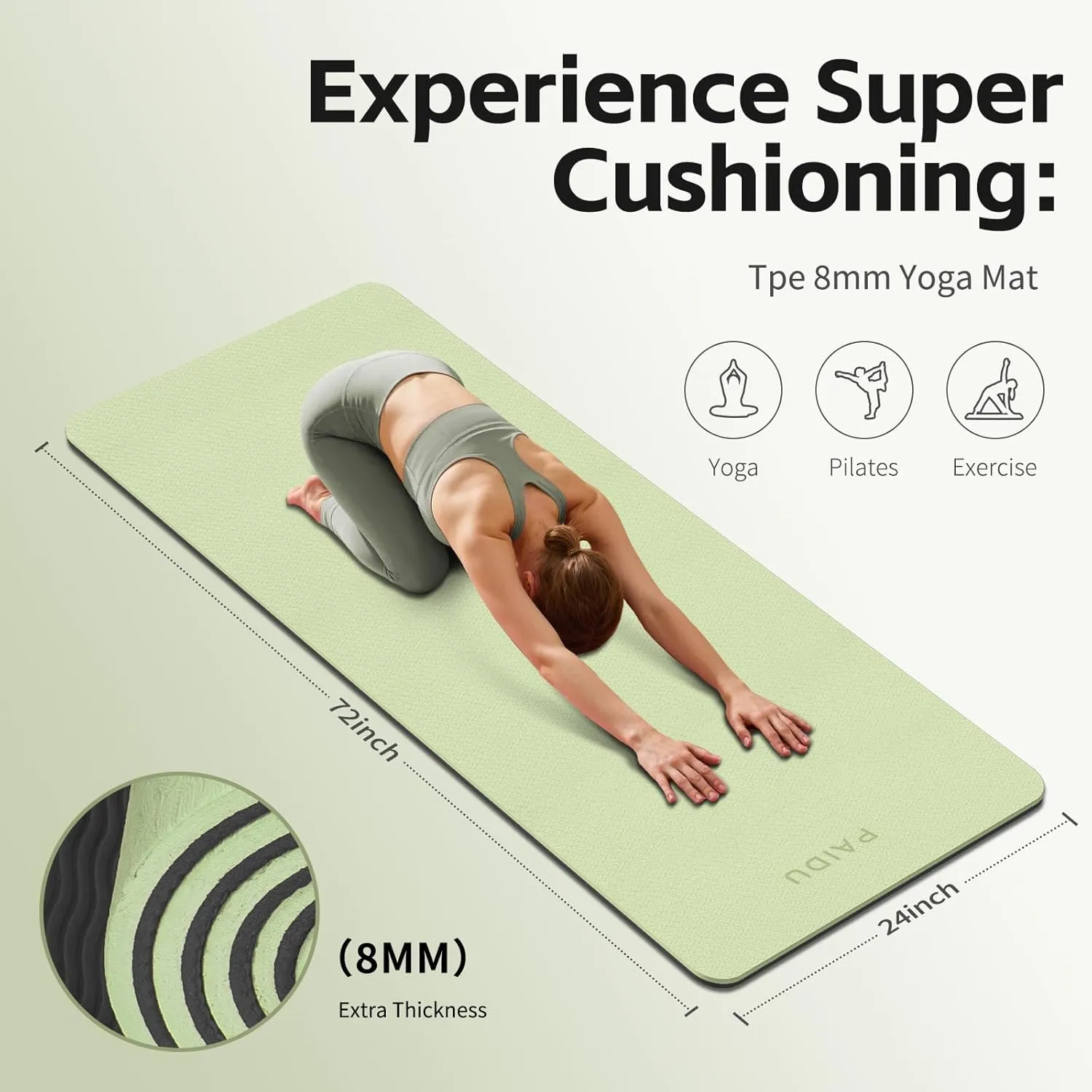 Yoga Mat 8mm Super Thick TPE Fitness Exercise Mat, Non-Slip, Odorless and Tear Resistant, Unisex, With Strap, Suitable for Yoga, Pilates, Meditation, Home Floor Exercise