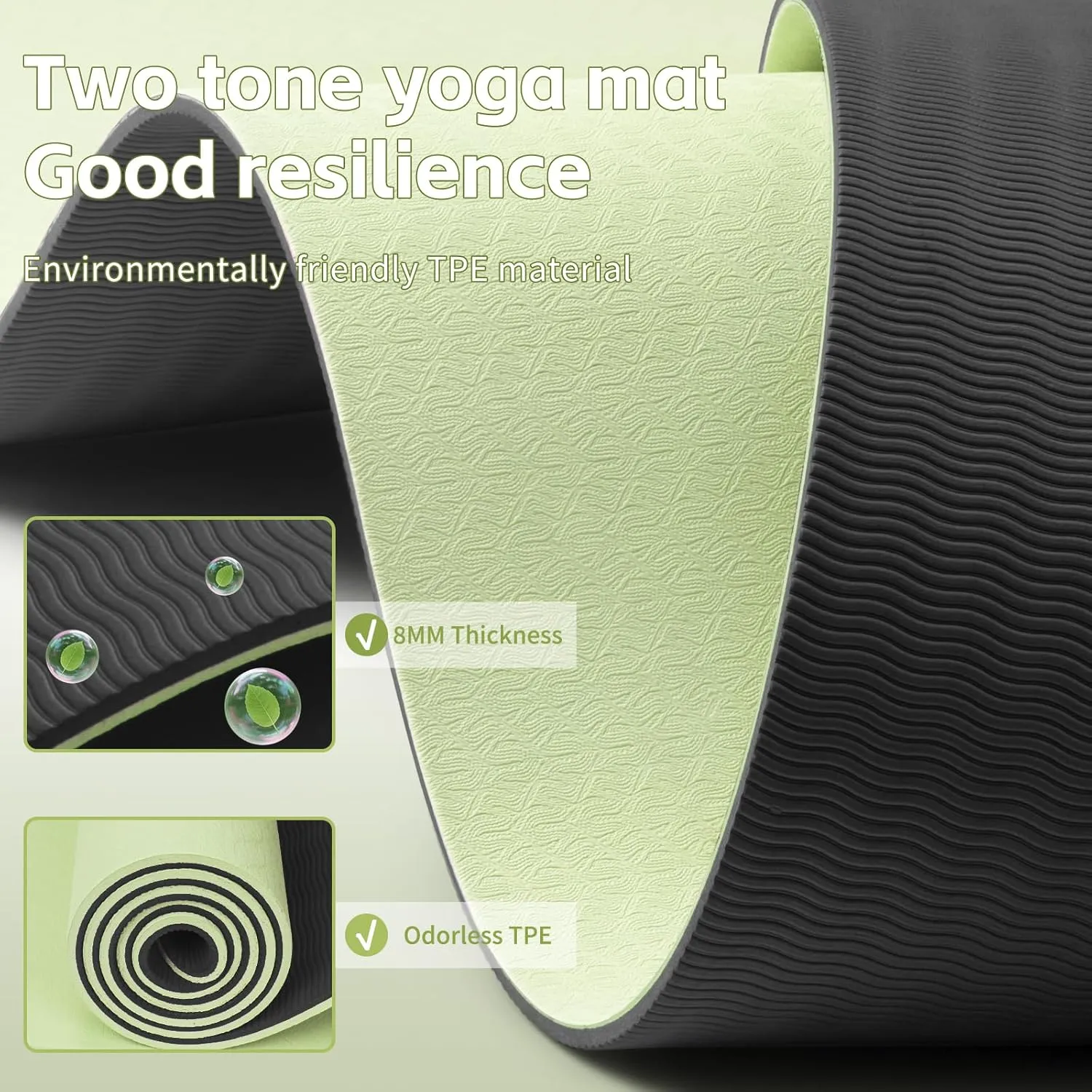 Yoga Mat 8mm Super Thick TPE Fitness Exercise Mat, Non-Slip, Odorless and Tear Resistant, Unisex, With Strap, Suitable for Yoga, Pilates, Meditation, Home Floor Exercise