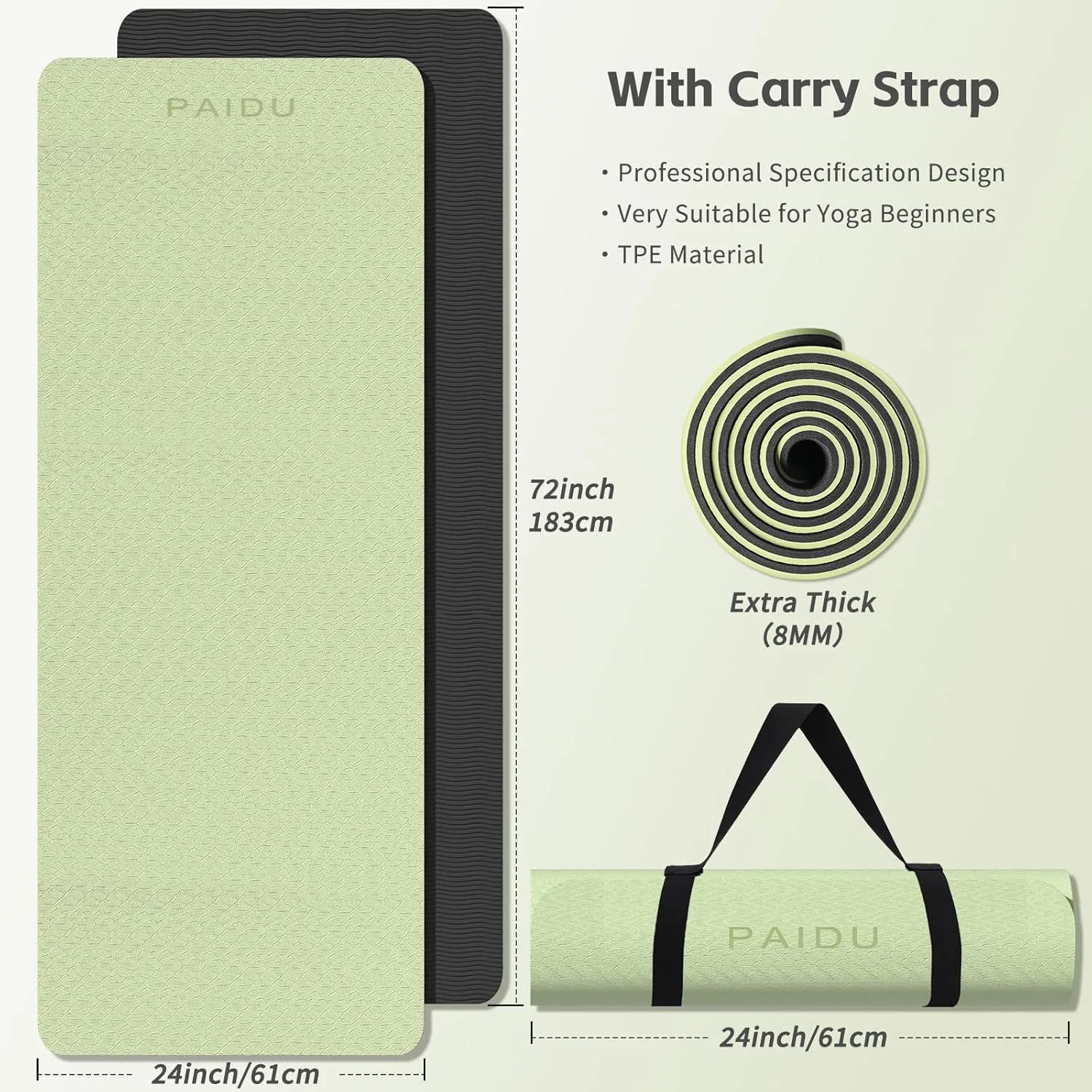 Yoga Mat 8mm Super Thick TPE Fitness Exercise Mat, Non-Slip, Odorless and Tear Resistant, Unisex, With Strap, Suitable for Yoga, Pilates, Meditation, Home Floor Exercise