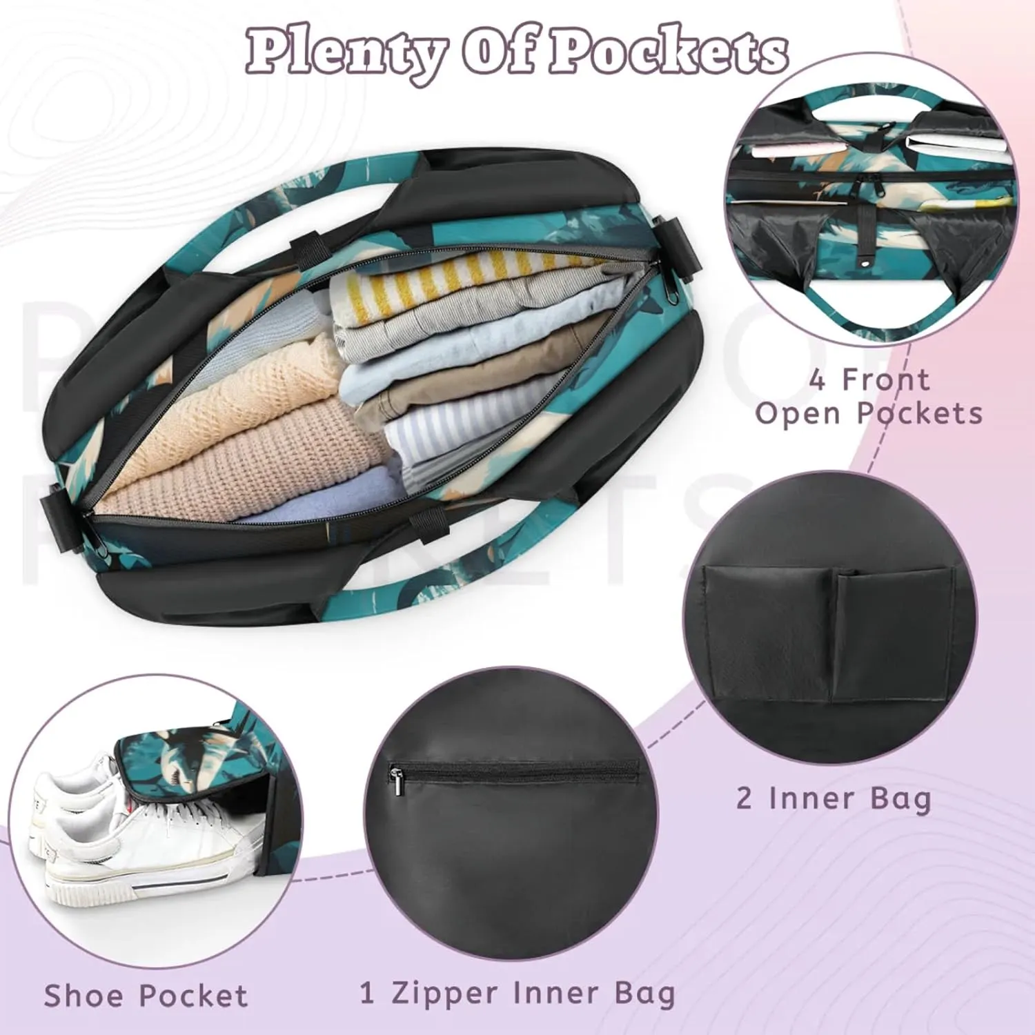 Yoga Tote Bag for Women Fiercely Shark Beach Bag with Shoe Storage & Yoga Mat Strap Waterproof Weekender Duffle Bag for Travel Fitness Weekend Trips