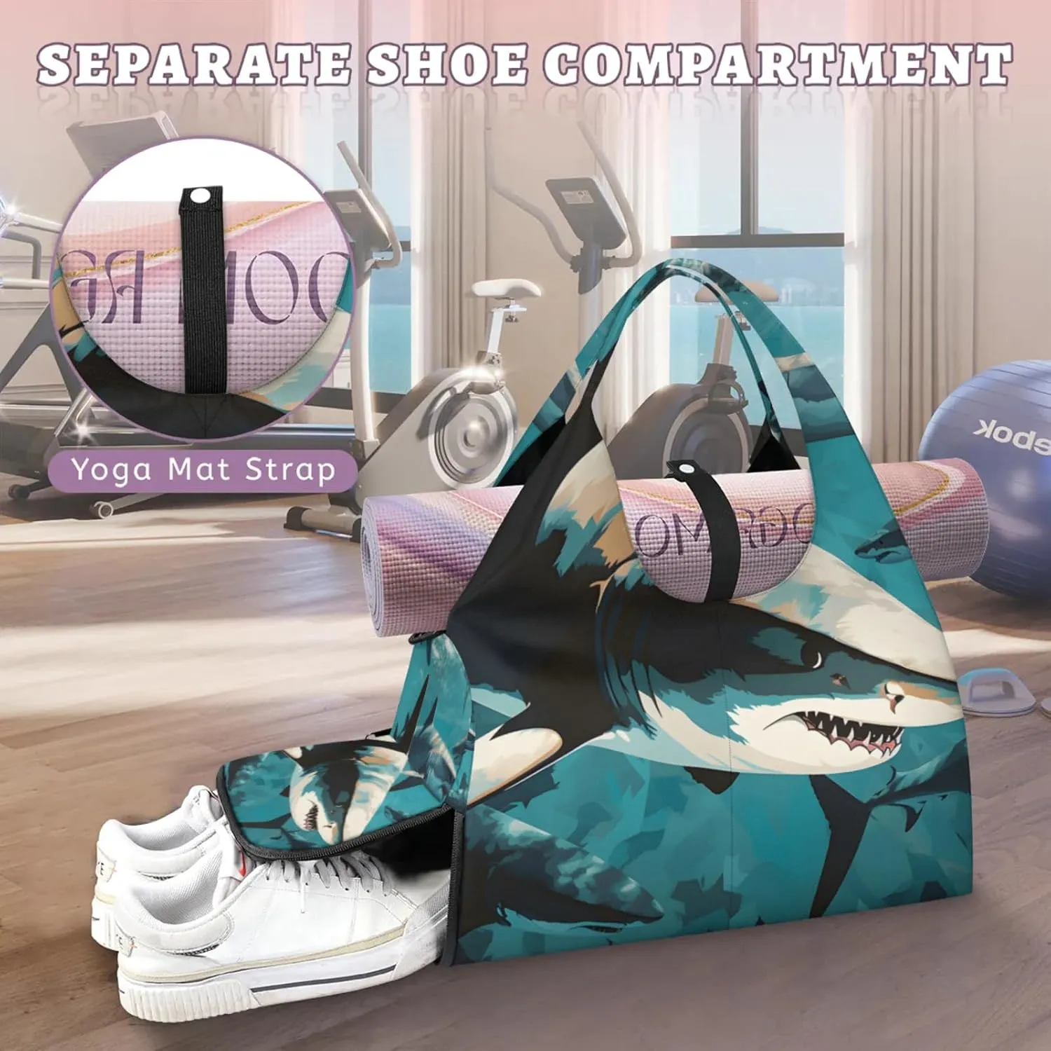 Yoga Tote Bag for Women Fiercely Shark Beach Bag with Shoe Storage & Yoga Mat Strap Waterproof Weekender Duffle Bag for Travel Fitness Weekend Trips