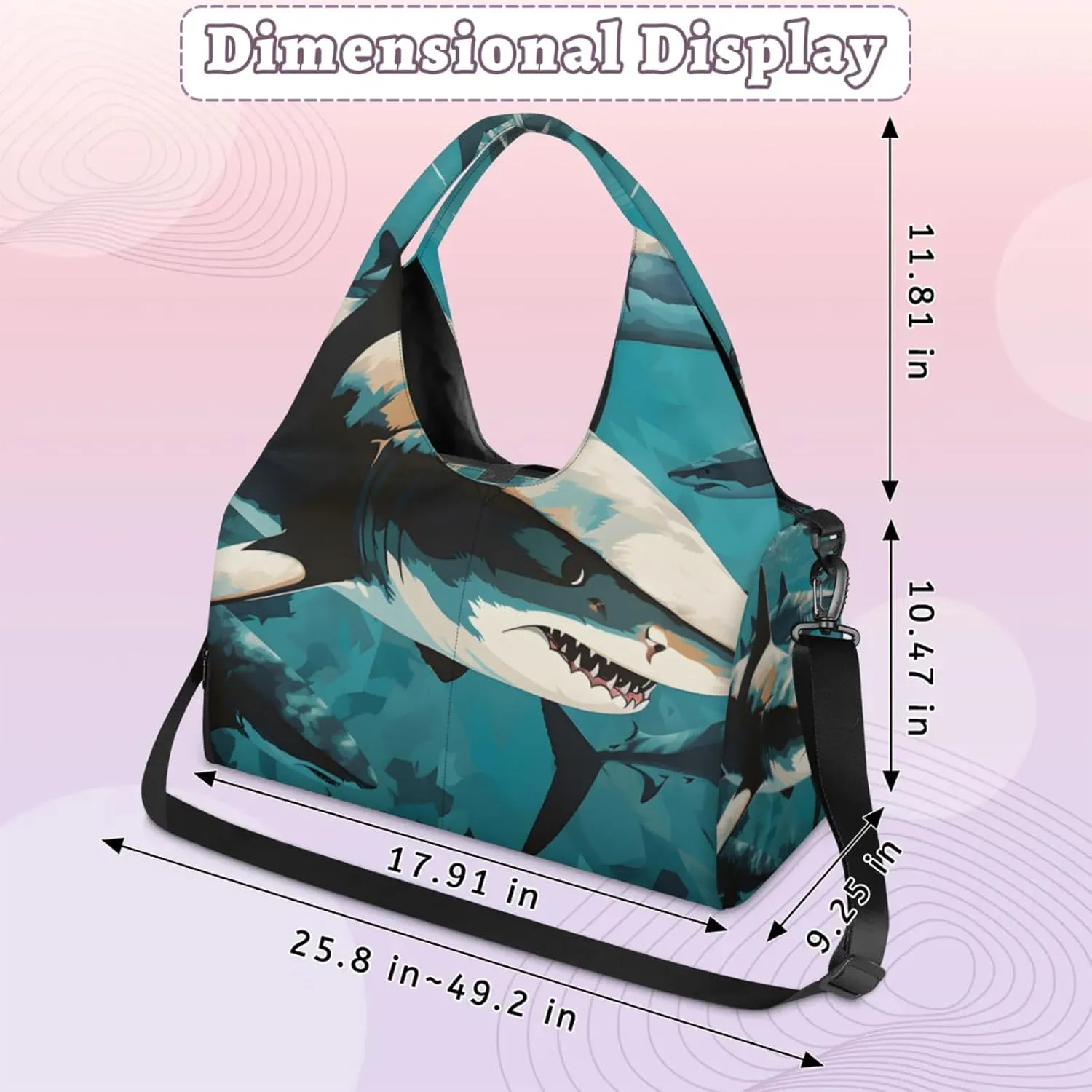 Yoga Tote Bag for Women Fiercely Shark Beach Bag with Shoe Storage & Yoga Mat Strap Waterproof Weekender Duffle Bag for Travel Fitness Weekend Trips