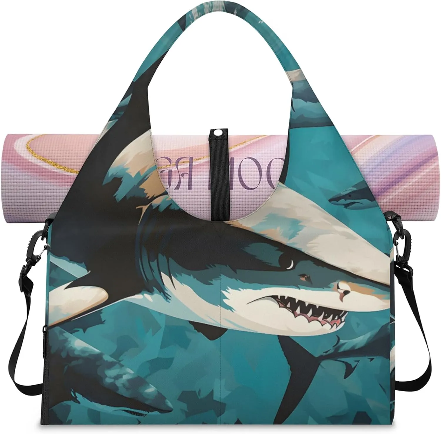 Yoga Tote Bag for Women Fiercely Shark Beach Bag with Shoe Storage & Yoga Mat Strap Waterproof Weekender Duffle Bag for Travel Fitness Weekend Trips
