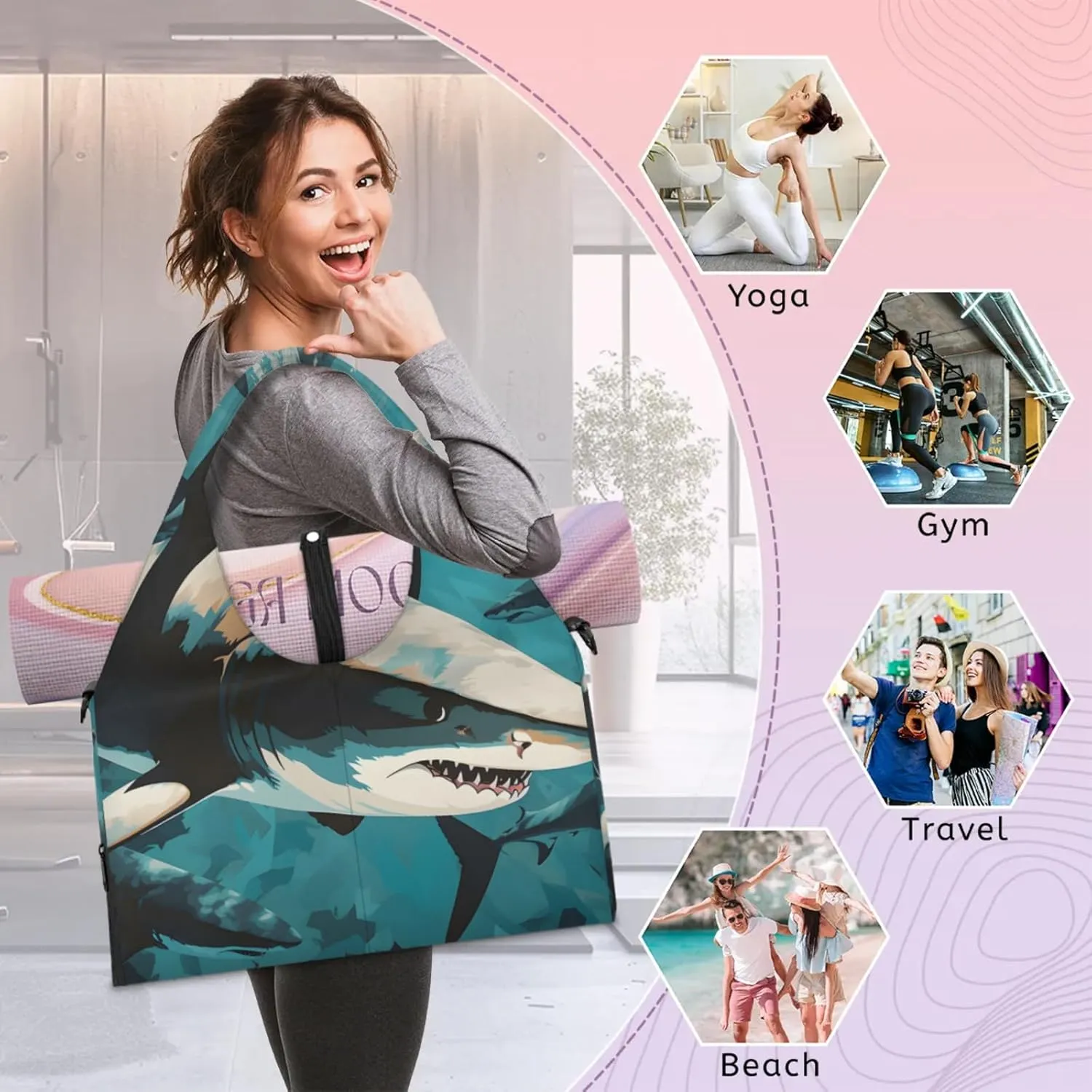 Yoga Tote Bag for Women Fiercely Shark Beach Bag with Shoe Storage & Yoga Mat Strap Waterproof Weekender Duffle Bag for Travel Fitness Weekend Trips