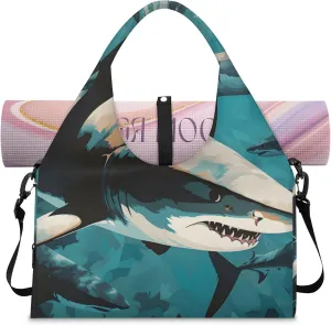 Yoga Tote Bag for Women Fiercely Shark Beach Bag with Shoe Storage & Yoga Mat Strap Waterproof Weekender Duffle Bag for Travel Fitness Weekend Trips