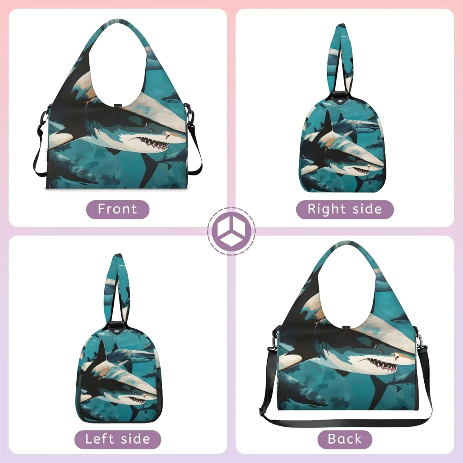Yoga Tote Bag for Women Fiercely Shark Beach Bag with Shoe Storage & Yoga Mat Strap Waterproof Weekender Duffle Bag for Travel Fitness Weekend Trips
