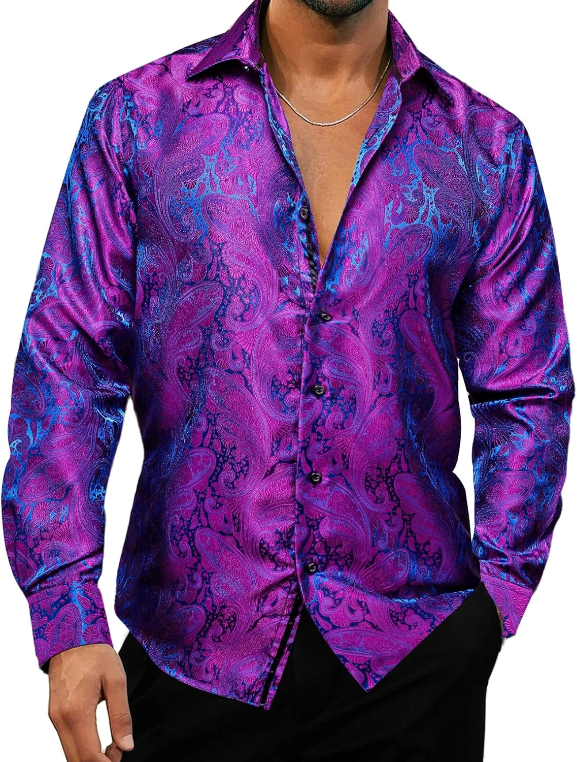 YOHOWA Men's Paisley Shirt Silk Jacquard Dress Long Sleeve Button Down Shirts Casual Mexico Western Disco Party Wedding Prom