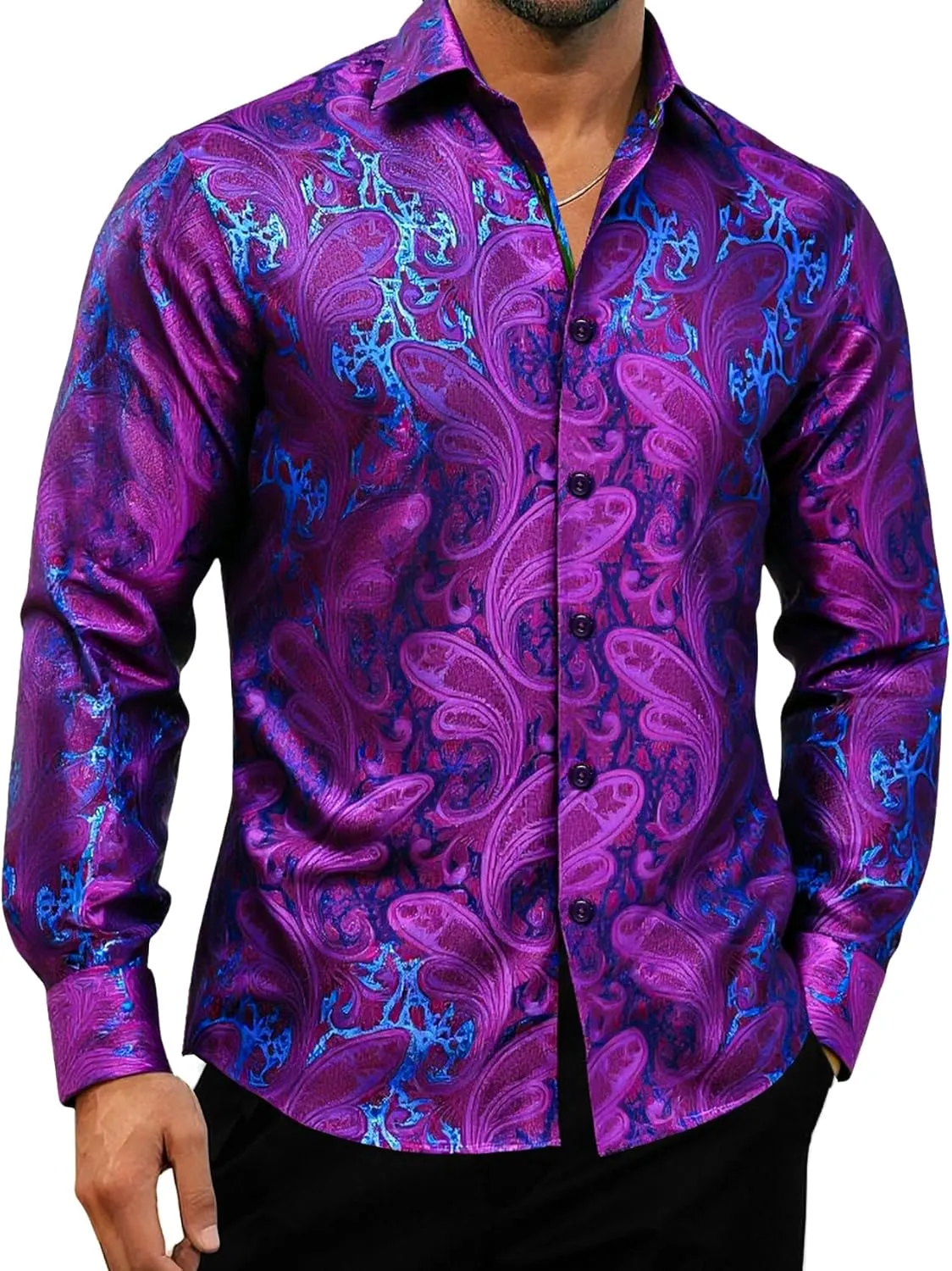 YOHOWA Men's Paisley Shirt Silk Jacquard Dress Long Sleeve Button Down Shirts Casual Mexico Western Disco Party Wedding Prom