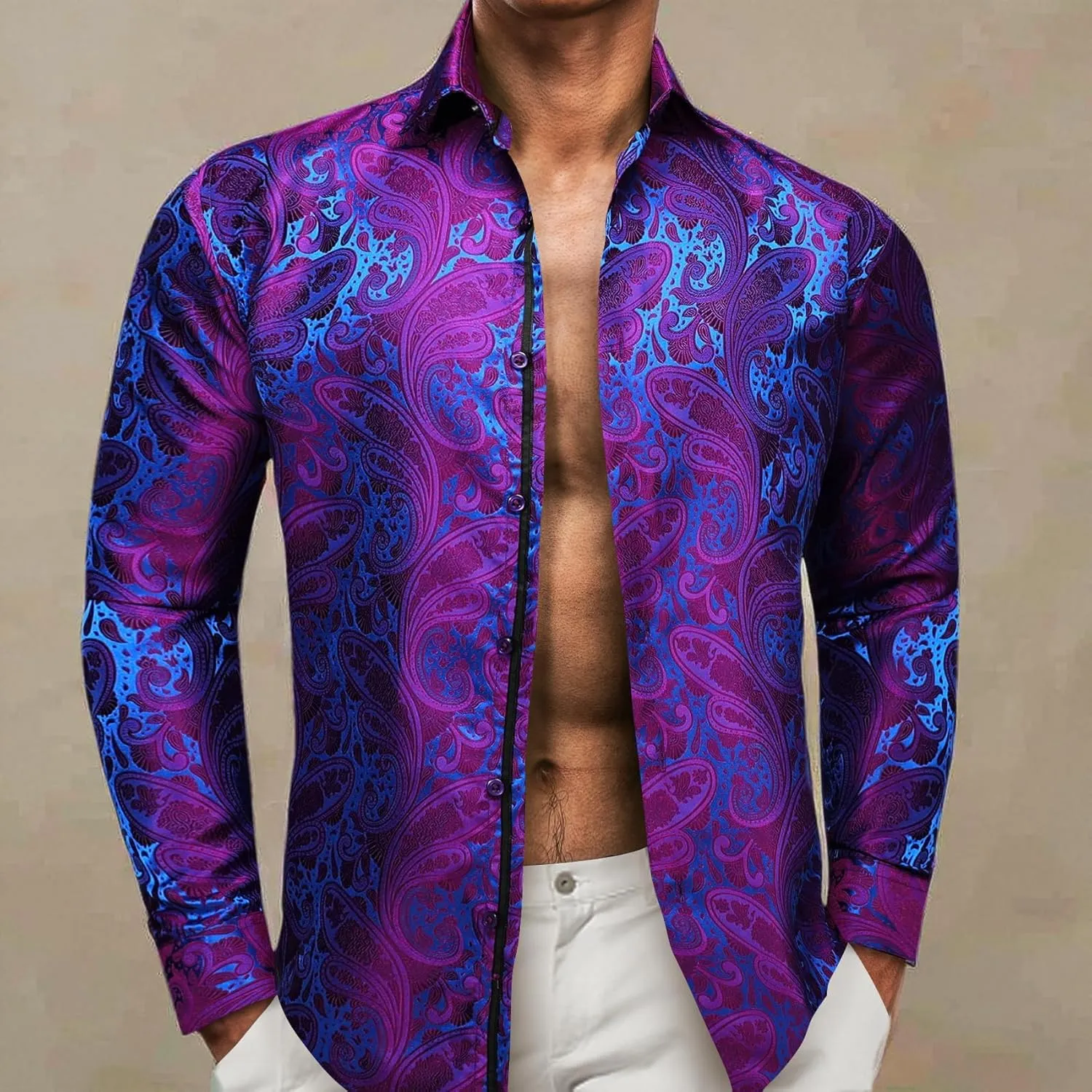 YOHOWA Men's Paisley Shirt Silk Jacquard Dress Long Sleeve Button Down Shirts Casual Mexico Western Disco Party Wedding Prom