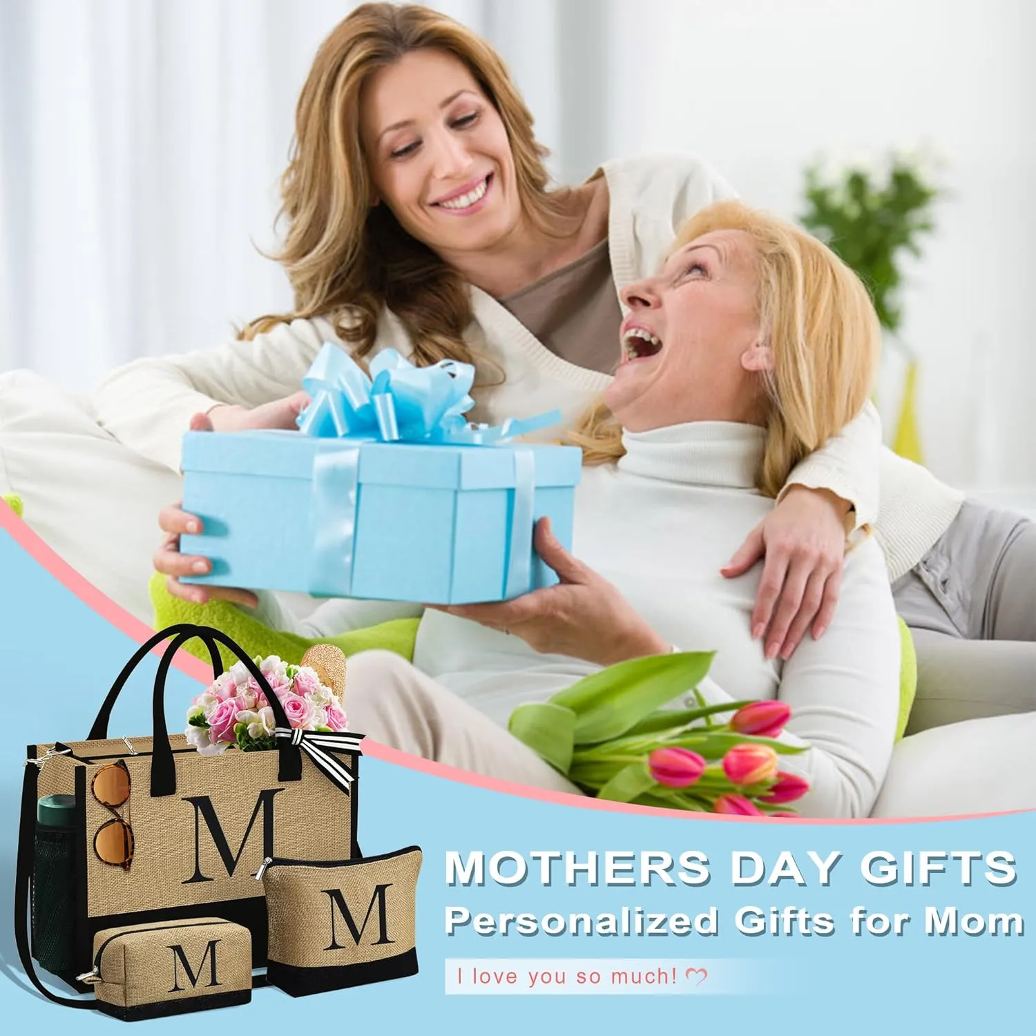 YOOLIFE Mothers Day Gifts - Initial Jute Tote Bag & 2 Makeup Bags Personalized Gifts for Women Teacher Mom Friend Birthday