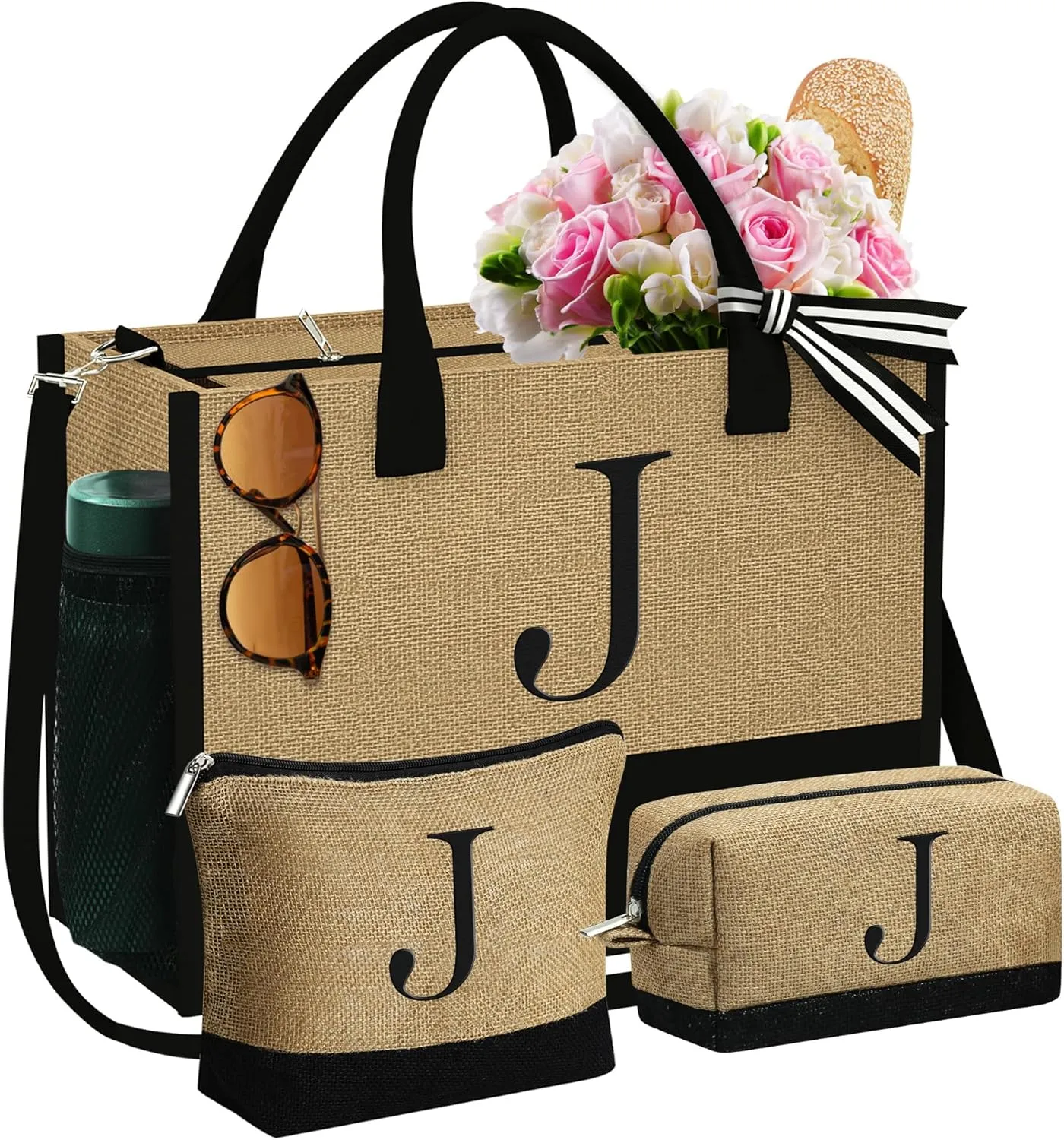YOOLIFE Mothers Day Gifts - Initial Jute Tote Bag & 2 Makeup Bags Personalized Gifts for Women Teacher Mom Friend Birthday