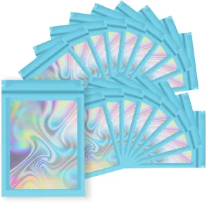 YOTOZU 100-Pack Holographic Resealable Bag Zipper Food Storage Aluminium Foil Mylar Smell Bag Plastic Flat Packaging Pouch for Party Favor Food Candy Jewelry Lip Gloss Optional Multi Color(Blue,4.7x7.8)