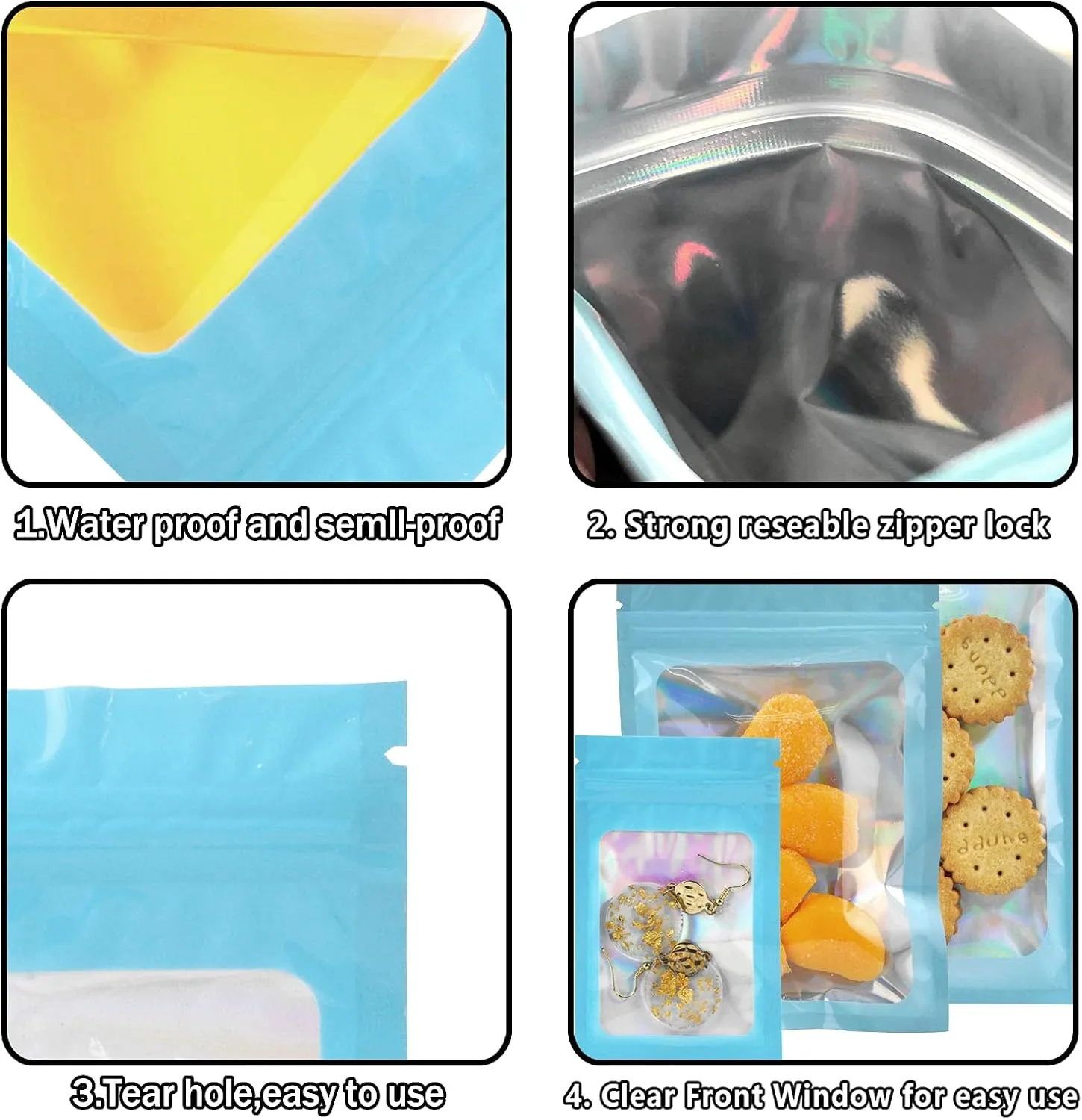 YOTOZU 100-Pack Holographic Resealable Bag Zipper Food Storage Aluminium Foil Mylar Smell Bag Plastic Flat Packaging Pouch for Party Favor Food Candy Jewelry Lip Gloss Optional Multi Color(Blue,4.7x7.8)