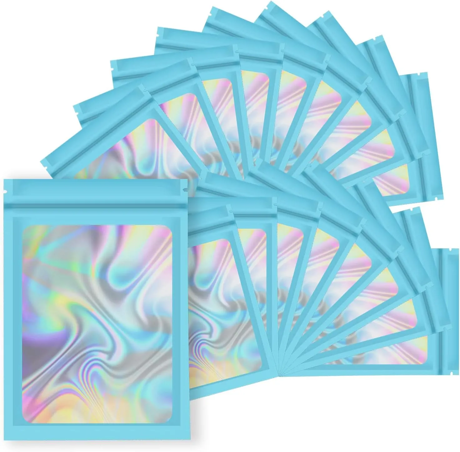 YOTOZU 100-Pack Holographic Resealable Bag Zipper Food Storage Aluminium Foil Mylar Smell Bag Plastic Flat Packaging Pouch for Party Favor Food Candy Jewelry Lip Gloss Optional Multi Color(Blue,4.7x7.8)
