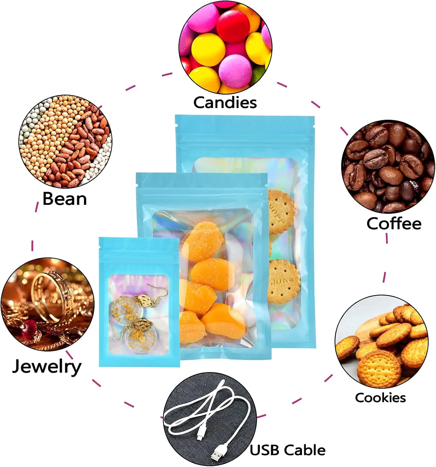 YOTOZU 100-Pack Holographic Resealable Bag Zipper Food Storage Aluminium Foil Mylar Smell Bag Plastic Flat Packaging Pouch for Party Favor Food Candy Jewelry Lip Gloss Optional Multi Color(Blue,4.7x7.8)