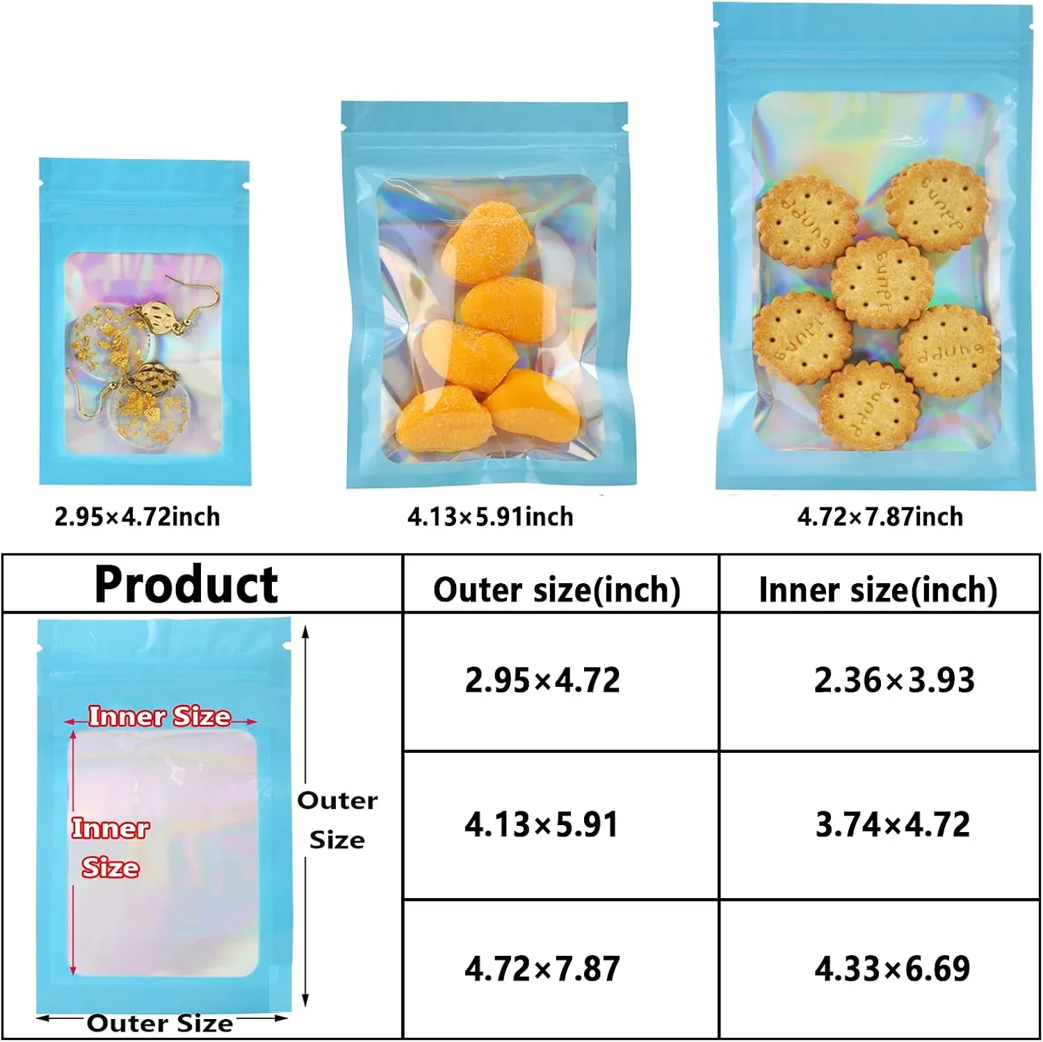 YOTOZU 100-Pack Holographic Resealable Bag Zipper Food Storage Aluminium Foil Mylar Smell Bag Plastic Flat Packaging Pouch for Party Favor Food Candy Jewelry Lip Gloss Optional Multi Color(Blue,4.7x7.8)