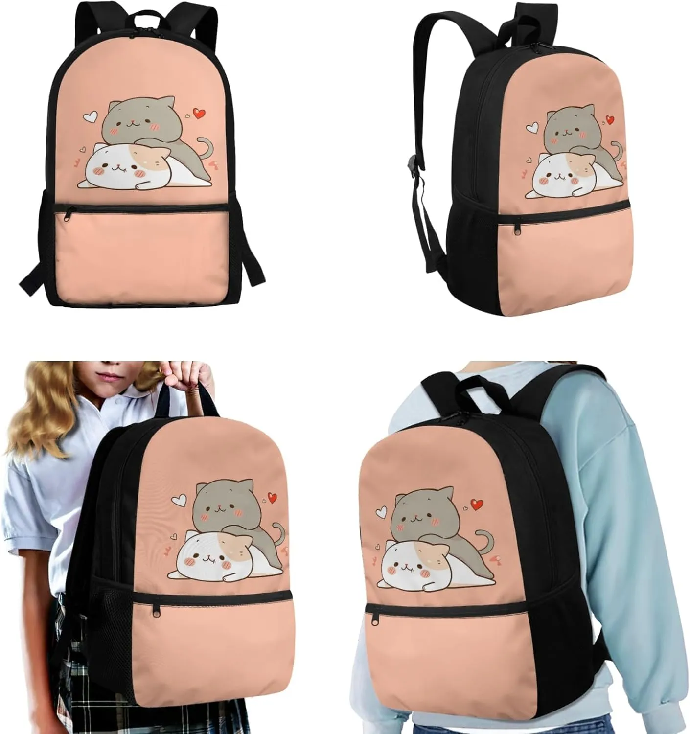 Yzaoxia Cute Cats Backpack and Lunch Bag Set for Girls 17 Inch Boobag for Kids 5-7/8-12 Elementary School Backpack with Lunch Bag 3 PCS Children School Bag Pencil Case