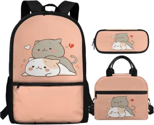 Yzaoxia Cute Cats Backpack and Lunch Bag Set for Girls 17 Inch Boobag for Kids 5-7/8-12 Elementary School Backpack with Lunch Bag 3 PCS Children School Bag Pencil Case