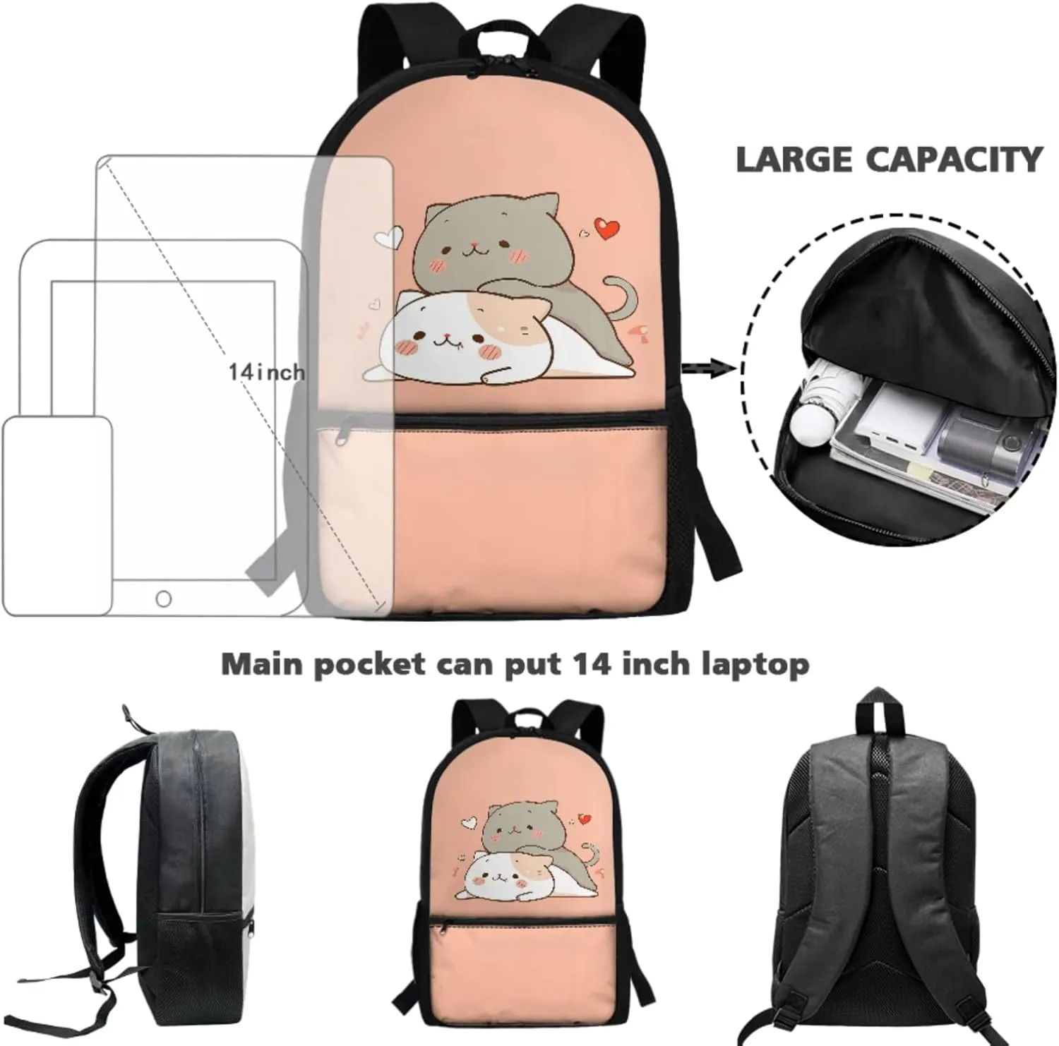 Yzaoxia Cute Cats Backpack and Lunch Bag Set for Girls 17 Inch Boobag for Kids 5-7/8-12 Elementary School Backpack with Lunch Bag 3 PCS Children School Bag Pencil Case