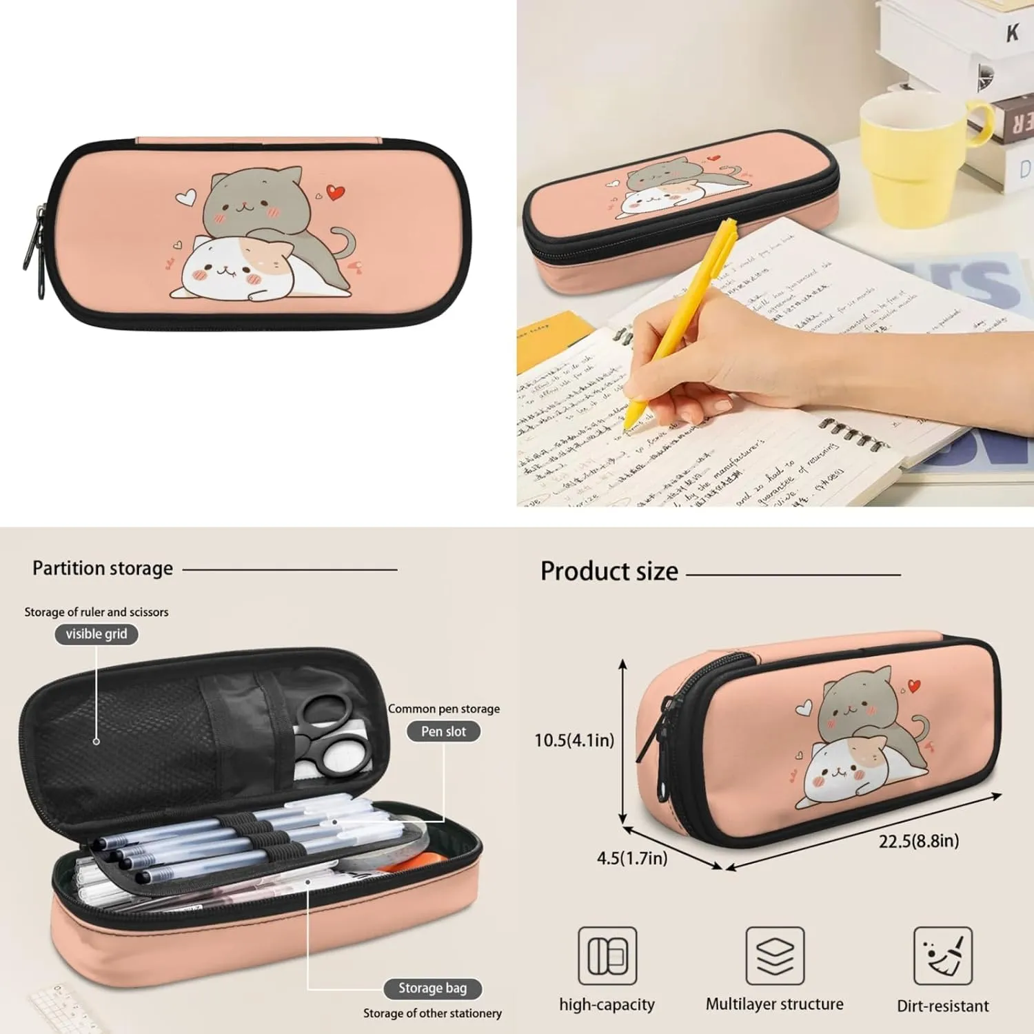Yzaoxia Cute Cats Backpack and Lunch Bag Set for Girls 17 Inch Boobag for Kids 5-7/8-12 Elementary School Backpack with Lunch Bag 3 PCS Children School Bag Pencil Case
