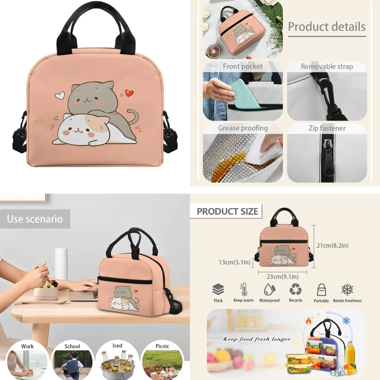 Yzaoxia Cute Cats Backpack and Lunch Bag Set for Girls 17 Inch Boobag for Kids 5-7/8-12 Elementary School Backpack with Lunch Bag 3 PCS Children School Bag Pencil Case