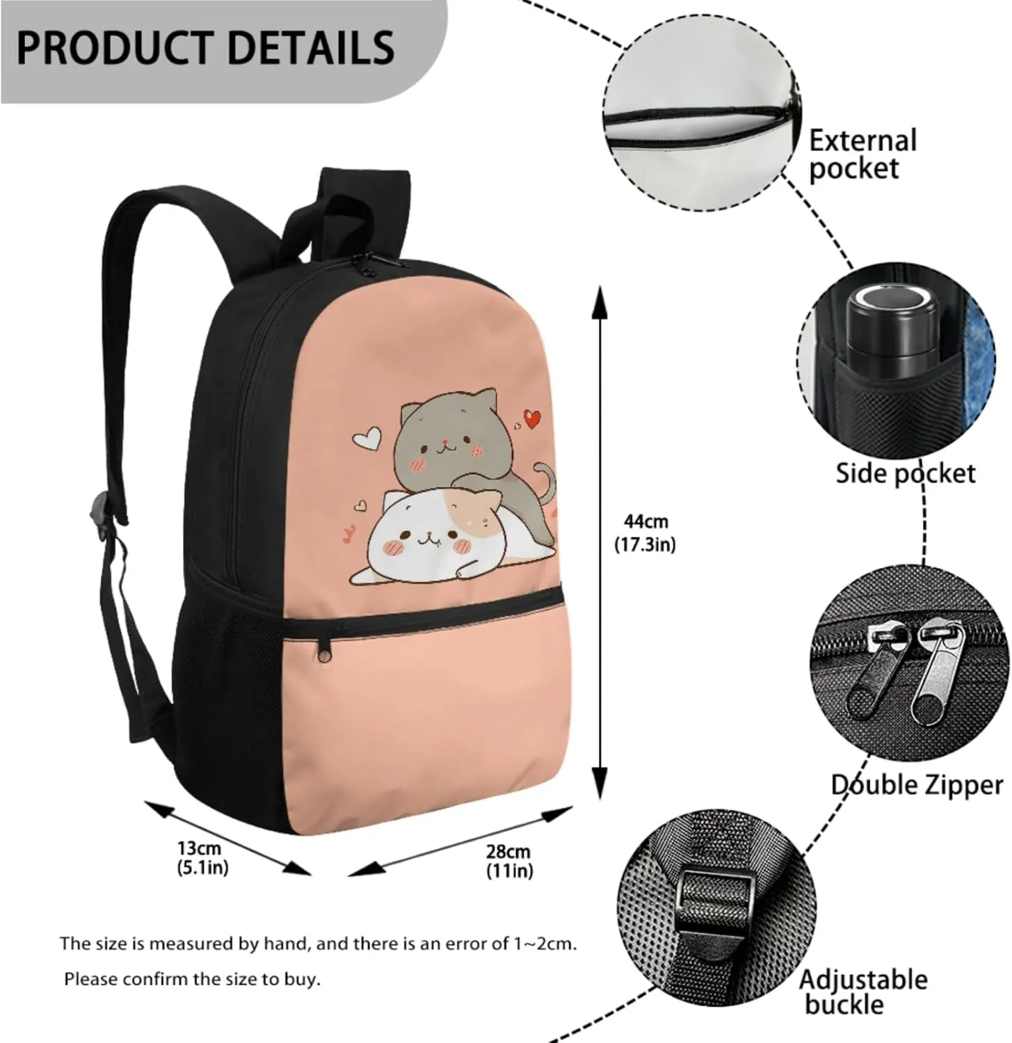 Yzaoxia Cute Cats Backpack and Lunch Bag Set for Girls 17 Inch Boobag for Kids 5-7/8-12 Elementary School Backpack with Lunch Bag 3 PCS Children School Bag Pencil Case