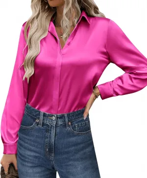 Zeagoo Satin Blouses for Women Casual Long Sleeve Button Down Silk Shirts Dressy Business Work Tunic Top