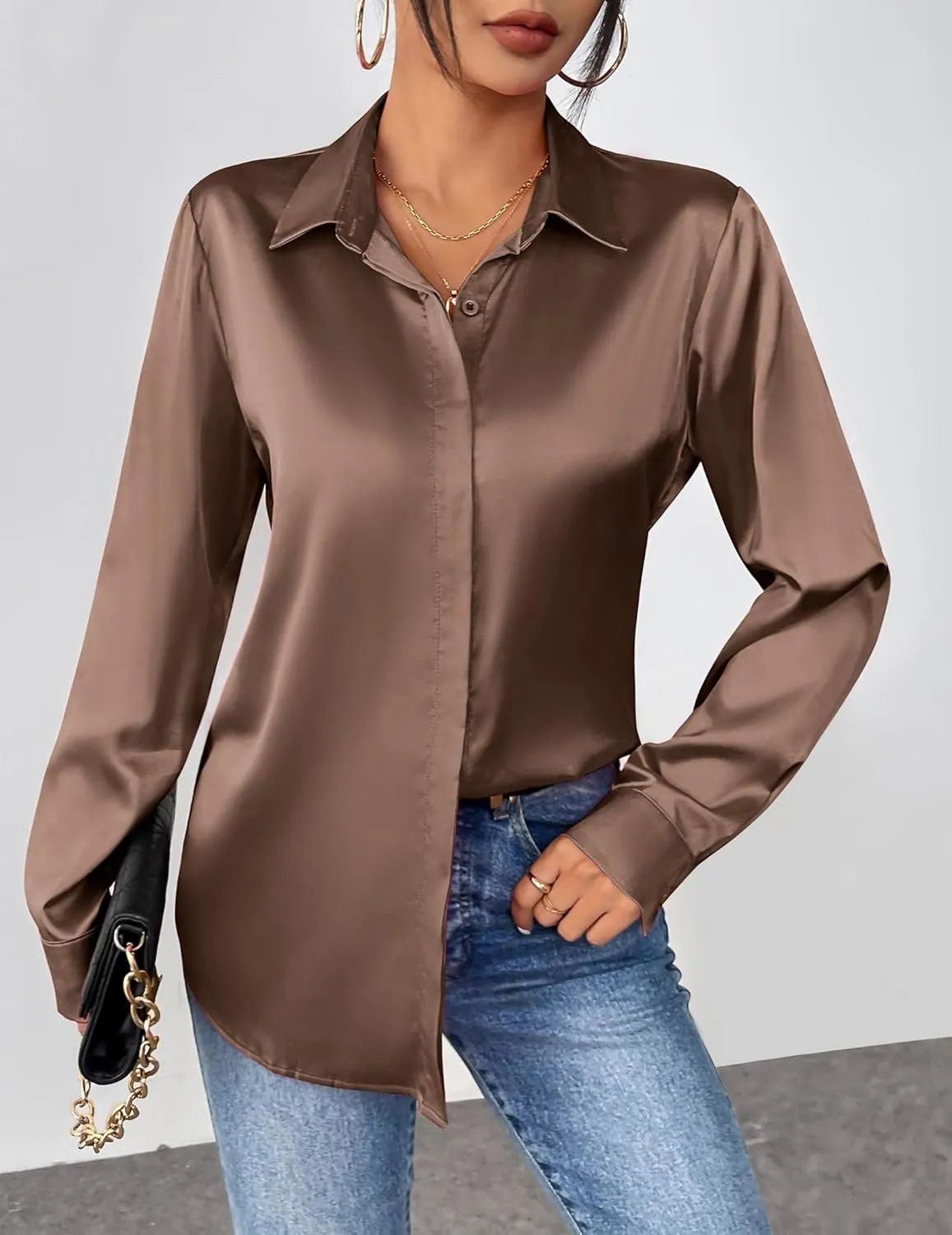 Zeagoo Satin Blouses for Women Casual Long Sleeve Button Down Silk Shirts Dressy Business Work Tunic Top