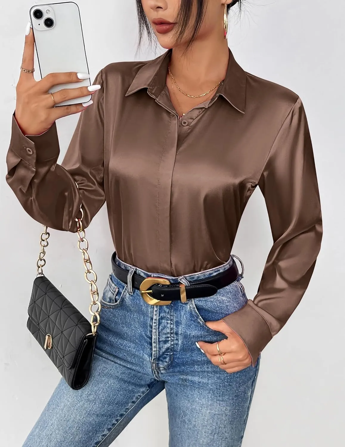 Zeagoo Satin Blouses for Women Casual Long Sleeve Button Down Silk Shirts Dressy Business Work Tunic Top