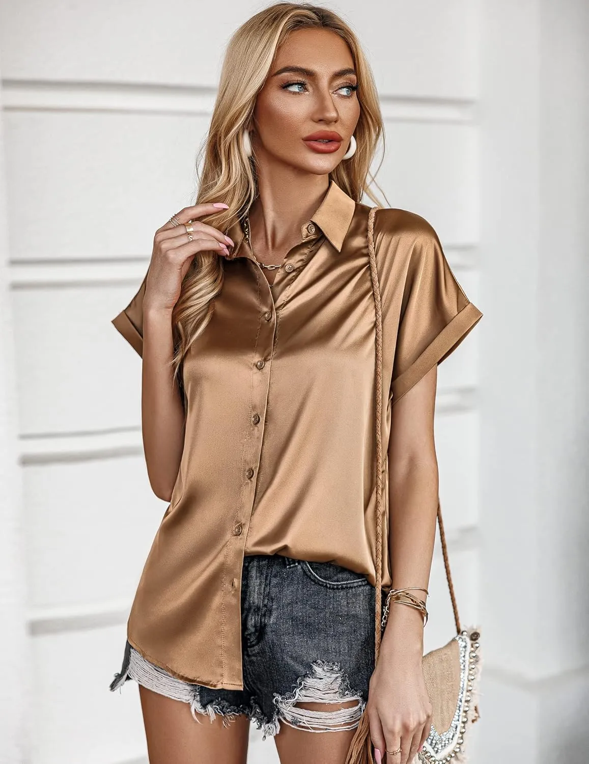 Zeagoo Silk Blouse for Women Short Sleeve Satin Button Down Shirts Casual Loose V-Neck Business Work Tunic Top