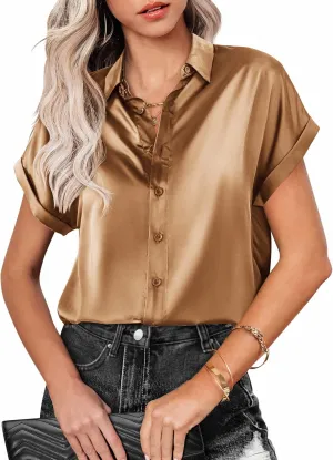 Zeagoo Silk Blouse for Women Short Sleeve Satin Button Down Shirts Casual Loose V-Neck Business Work Tunic Top