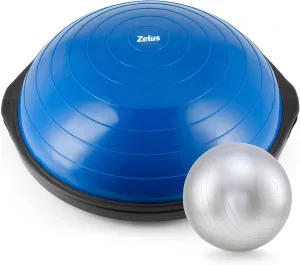 ZELUS 25in. Balance Ball | 660lb Inflatable Half Exercise Ball Wobble Board Balance Trainer w Nonslip Base | Half Yoga Ball Strength Training Equipment w 2 Bands, Pump, Extra Ball Included