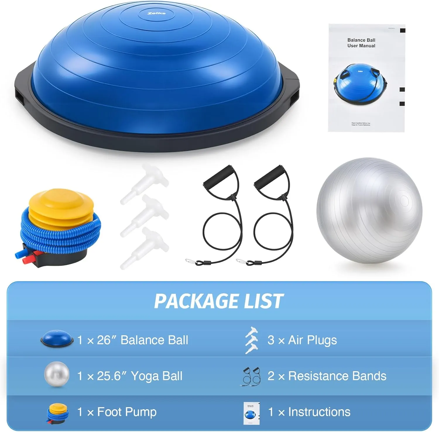 ZELUS 25in. Balance Ball | 660lb Inflatable Half Exercise Ball Wobble Board Balance Trainer w Nonslip Base | Half Yoga Ball Strength Training Equipment w 2 Bands, Pump, Extra Ball Included