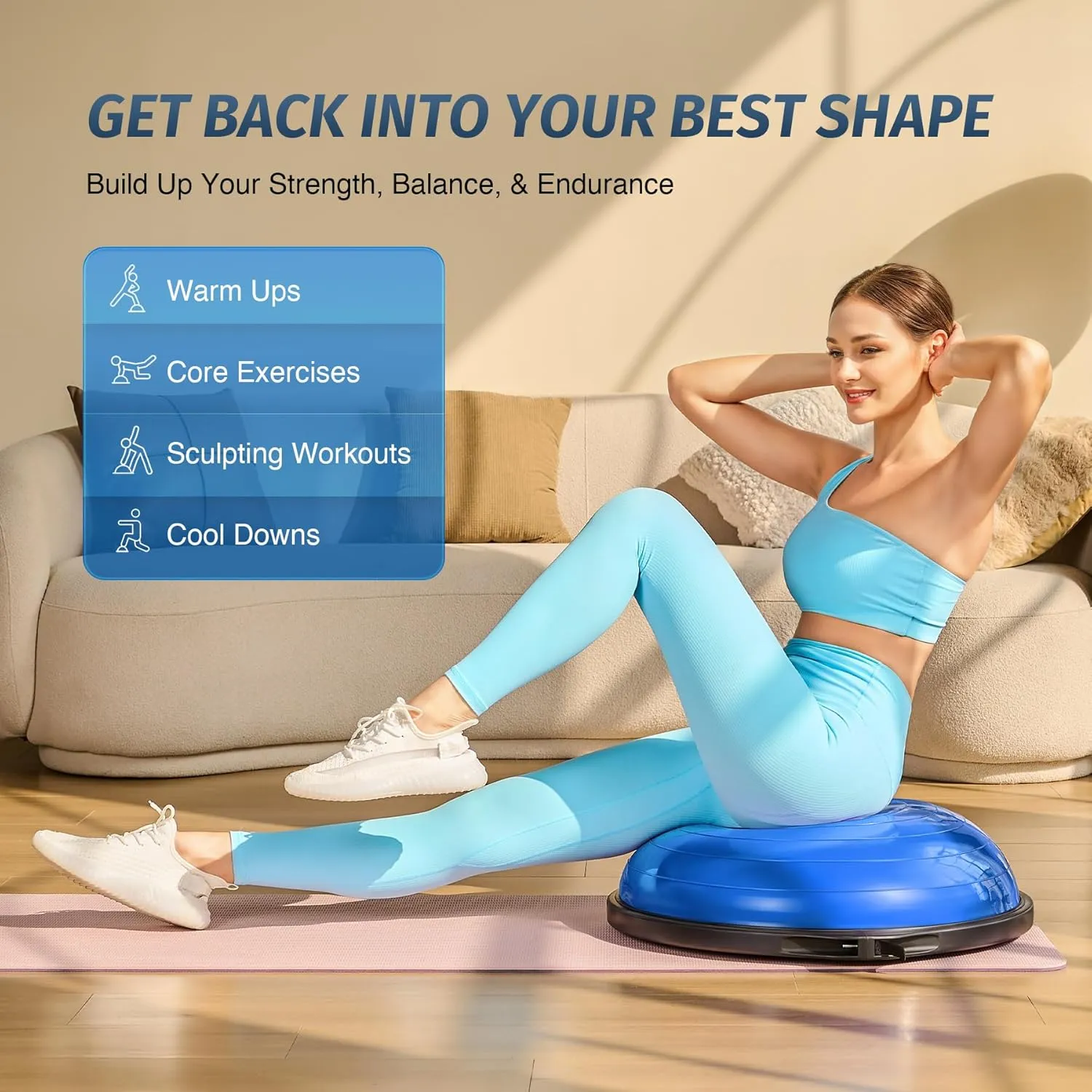 ZELUS 25in. Balance Ball | 660lb Inflatable Half Exercise Ball Wobble Board Balance Trainer w Nonslip Base | Half Yoga Ball Strength Training Equipment w 2 Bands, Pump, Extra Ball Included