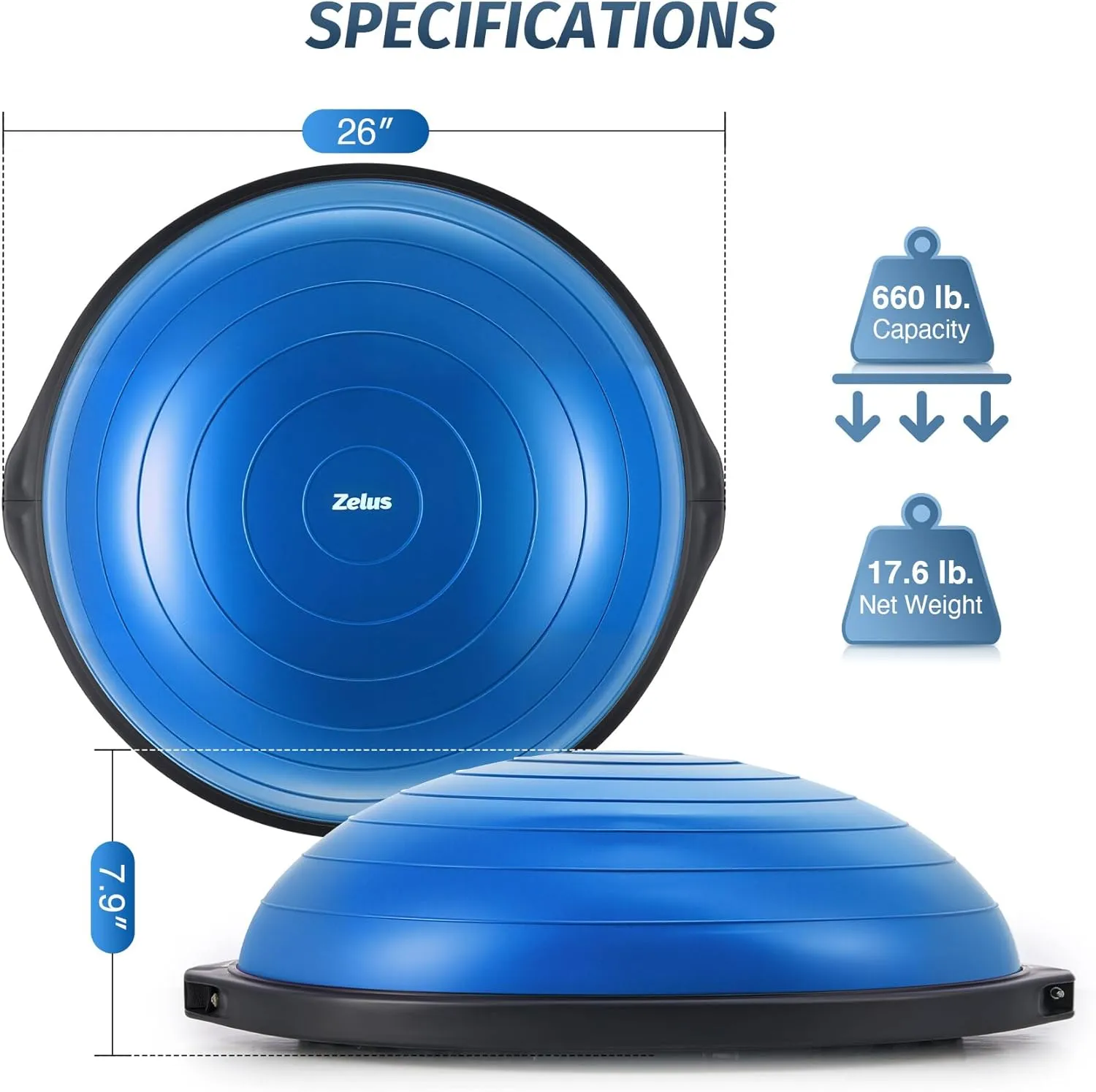 ZELUS 25in. Balance Ball | 660lb Inflatable Half Exercise Ball Wobble Board Balance Trainer w Nonslip Base | Half Yoga Ball Strength Training Equipment w 2 Bands, Pump, Extra Ball Included