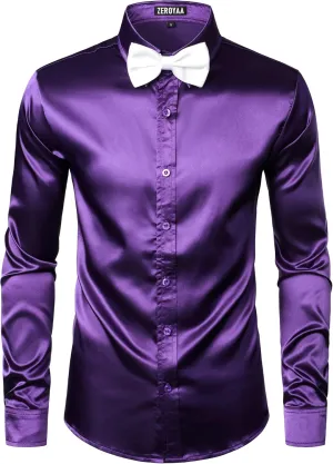 ZEROYAA Men's Luxury Shiny Silk Like Satin Button Up Dress Shirts