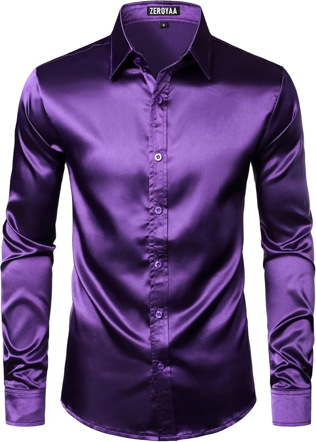 ZEROYAA Men's Luxury Shiny Silk Like Satin Button Up Dress Shirts