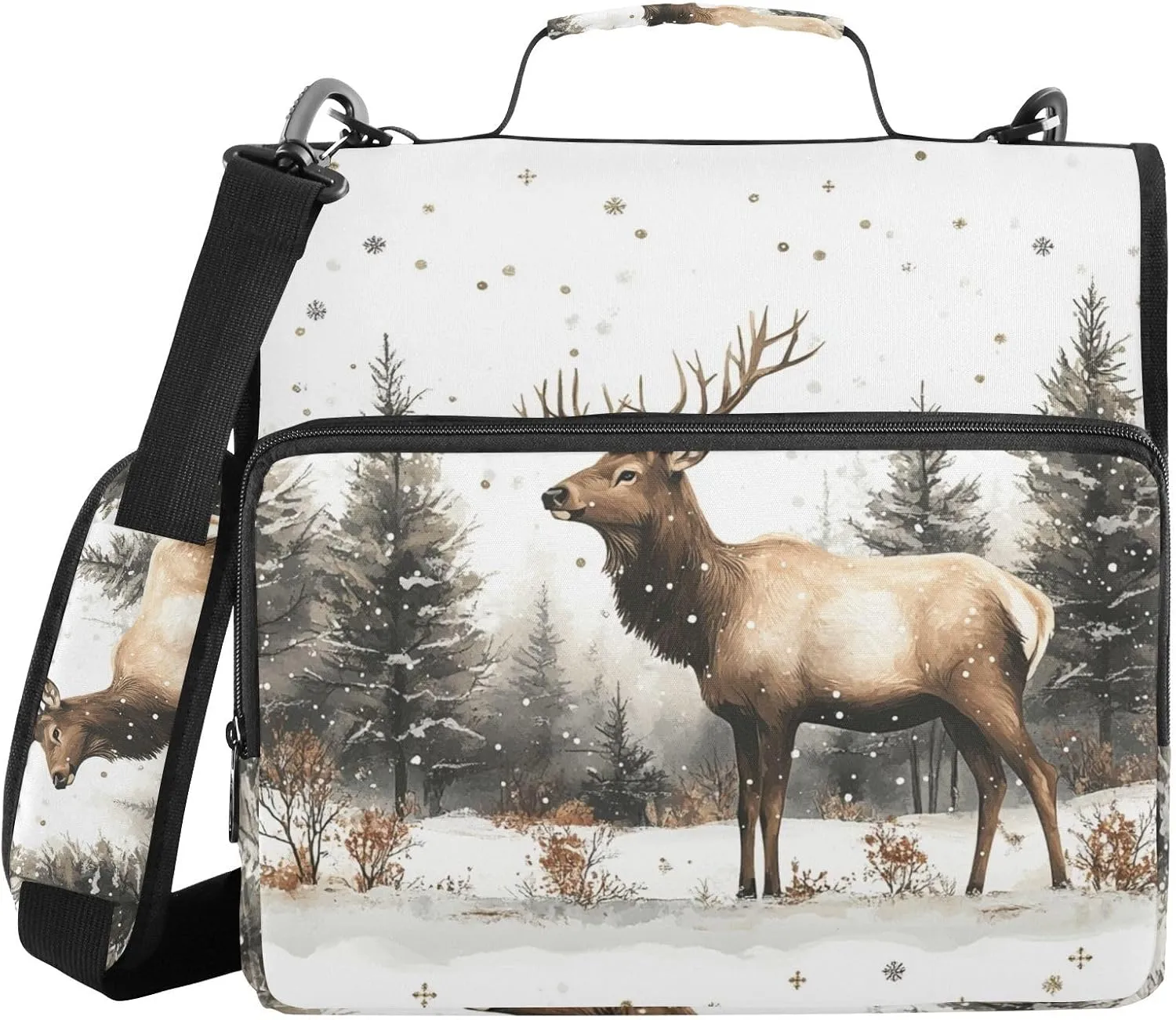 Zipper Binder Moose Freeze Forest Deer 1.5 inch 3 Ring Binder Bag with Multiple Pockets, 500 Sheet Capacity with Shoulder Strap